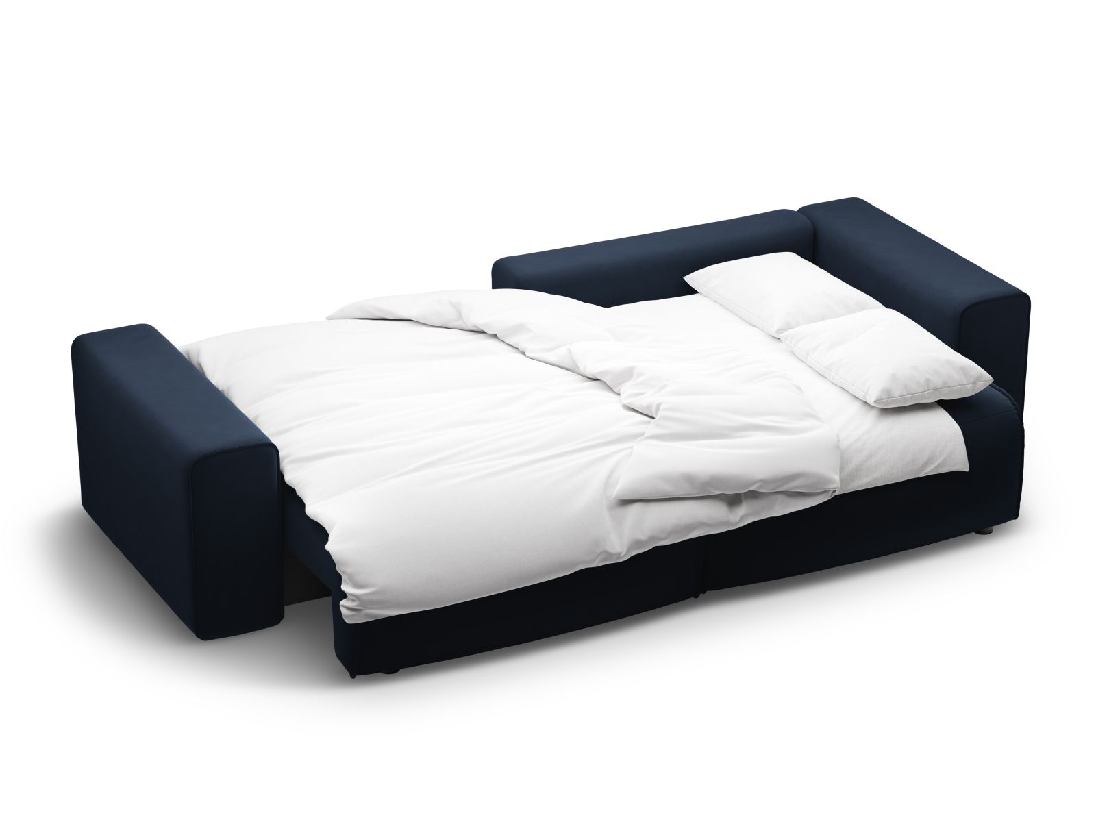 Modernes Ecksofa Victor in Dunkelblau, bietet Platz für drei, verwandelt sich schnell in ein Bett und bietet zusätzlichen Stauraum.