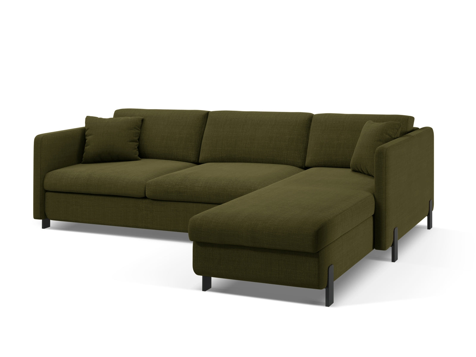Elegantes, grünes Ecksofa Gloria mit Schlaffunktion und praktischem Stauraum, perfekt für stilvolle Wohnzimmer und Übernachtungsgäste.