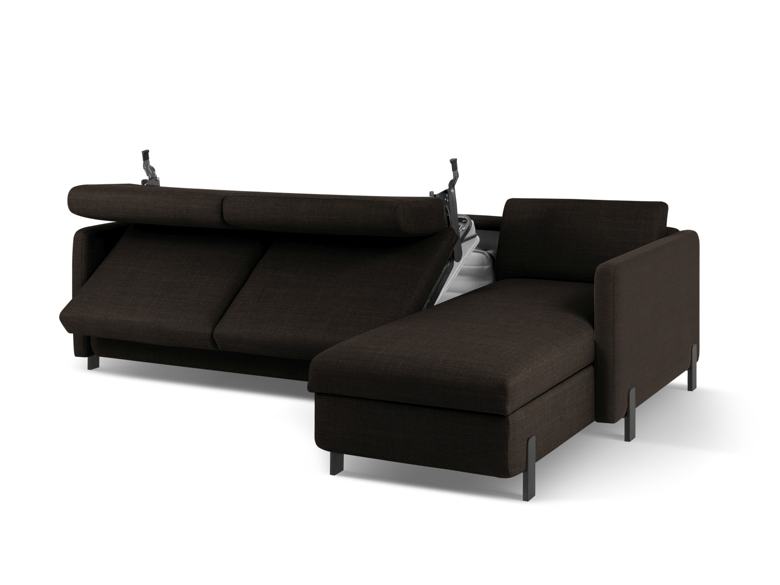 Elegantes, dunkelgraues Ecksofa Gloria mit Schlaffunktion und praktischem Stauraum, perfekt für gemütliche Abende und stilvolle Einrichtung.