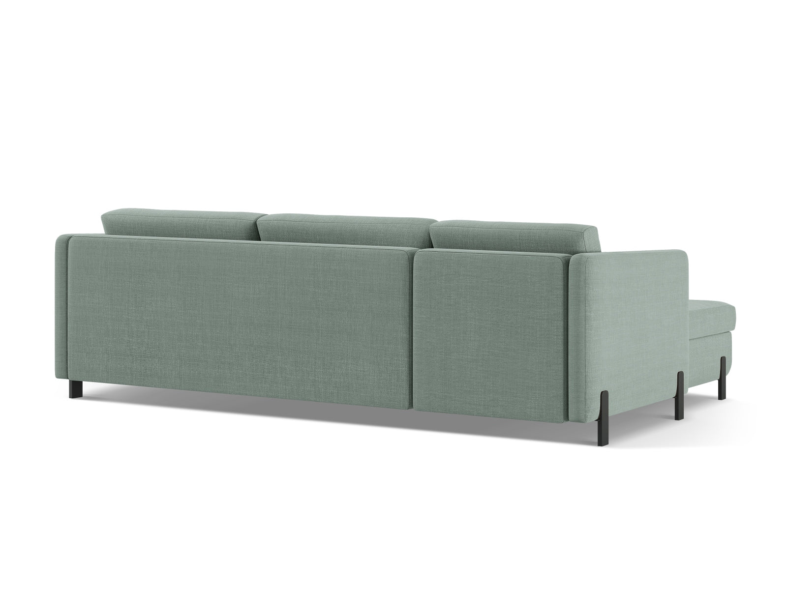 Modernes 4-Sitzer Ecksofa Gloria in zartem Mintgrün, ausgestattet mit Schlaffunktion und Stauraum für vielseitige Nutzung im Wohnbereich.