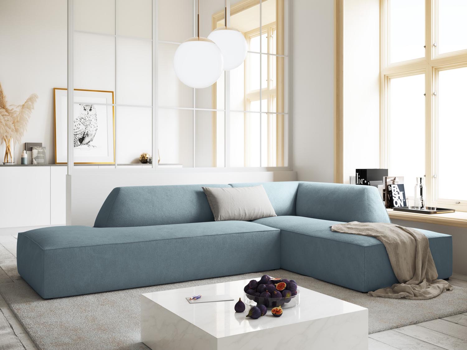 Elegantes Ruby Ecksofa in sanftem Blau, ideal für moderne Wohnräume. Modulares Design, 4-Sitzer, rechtsseitig, von Micadoni.