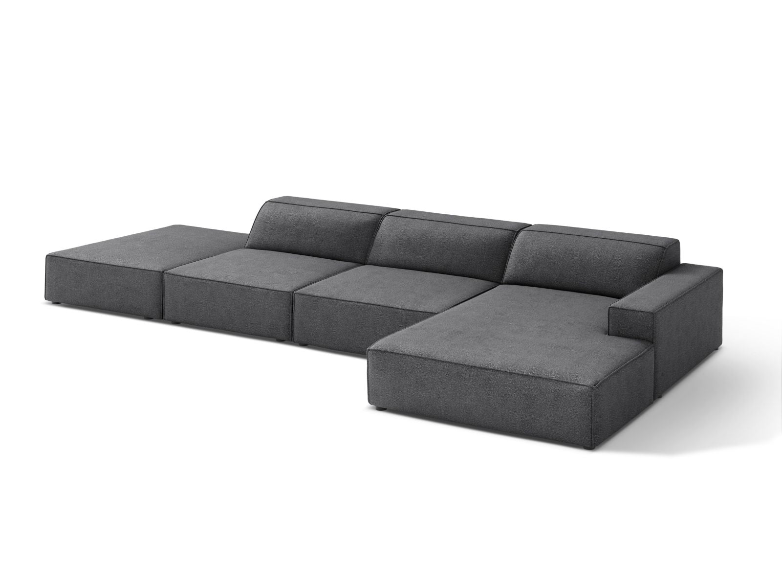Elegantes, modulares Ecksofa Jodie Boucle in Dunkelgrau, 5-Sitzer, rechtsseitig, ideal für stilvolle und einladende Wohnräume.