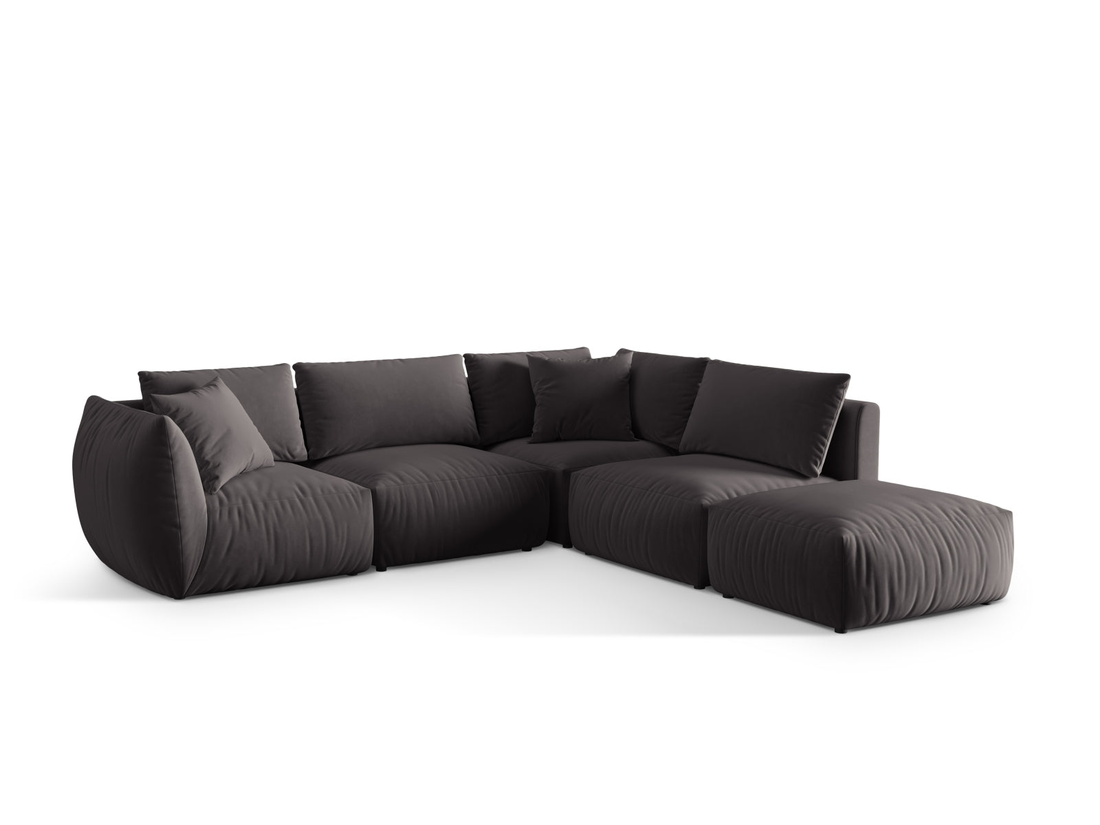 Elegantes, modulares Ecksofa Chris in Velours-Dunkelgrau, bietet Komfort und Stil für jedes Wohnzimmer. Ideal für gesellige Abende.
