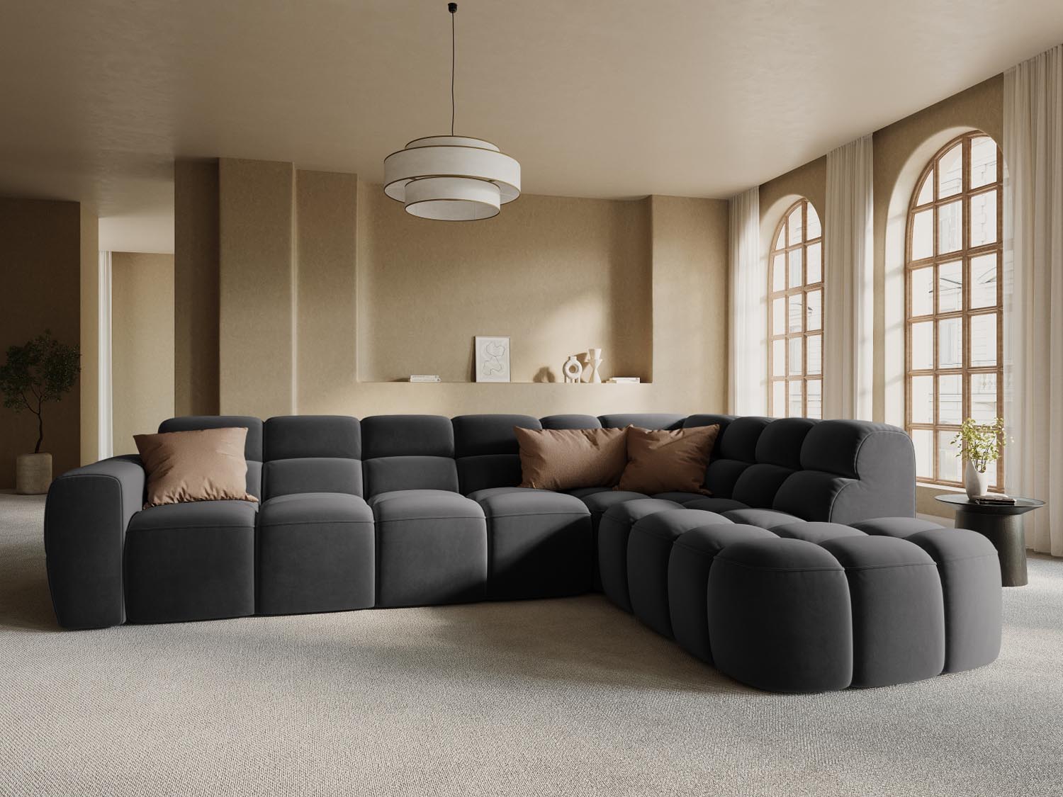 Lisa Velour Ecksofa rechts 5 Sitzer in Dark Grey präsentiert im Onlineshop von KAQTU Design AG. Ecksofa rechts ist von Micadoni