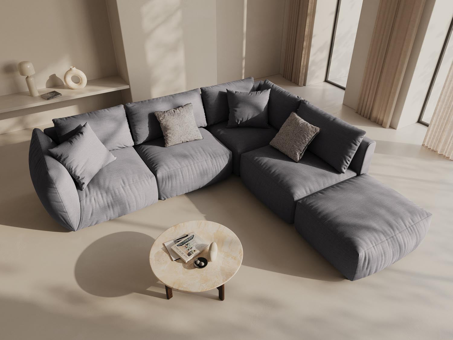 Stylisches Chris Modular Ecksofa rechts, 4-Sitzer in Sandfarbe, ideal für moderne Wohnräume, erhältlich bei KAQTU Design AG.