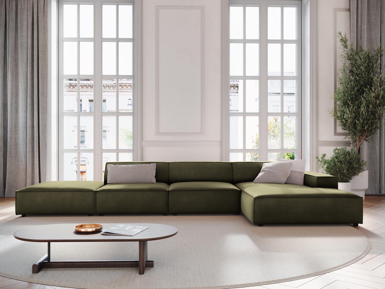 Elegantes Jodie Velour Ecksofa in Grün-Blau, 5-Sitzer, ideal für stilvolle Wohnräume, präsentiert in modernem Ambiente.