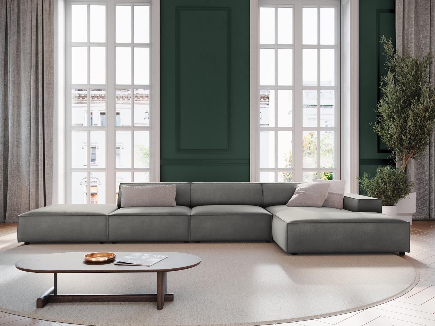 Elegantes Jodie Velour Ecksofa in Hellgrau, 5-Sitzer, modulare Bauweise, ideal für stilvolle Wohnräume, präsentiert von Micadoni.