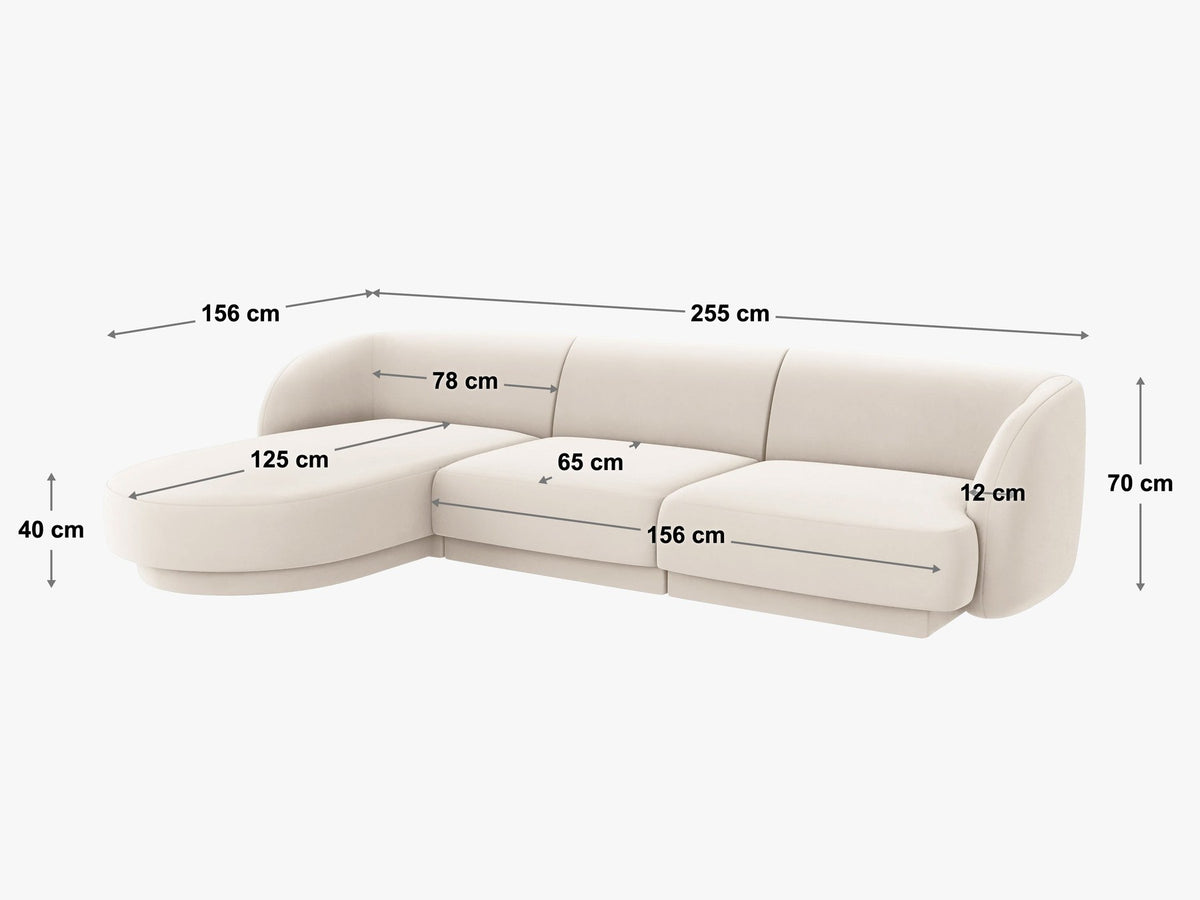 Dunkelbeiges L-Sofa Miley von Micadoni mit Bluvel-Stoffbezug, schwarzen Kunststoffbeinen und modularer Bauweise, rechts ausgerichtet.