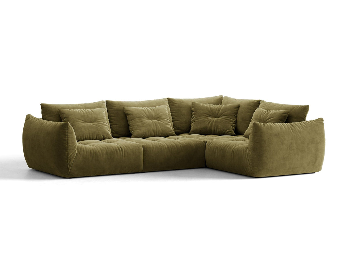 Ecksofa rechts Bloom von Micadoni in leichtem Beige, Veloursstoff Casino Pearl, schwarze Kunststoffbeine, moderne Polstermöbel-Form.