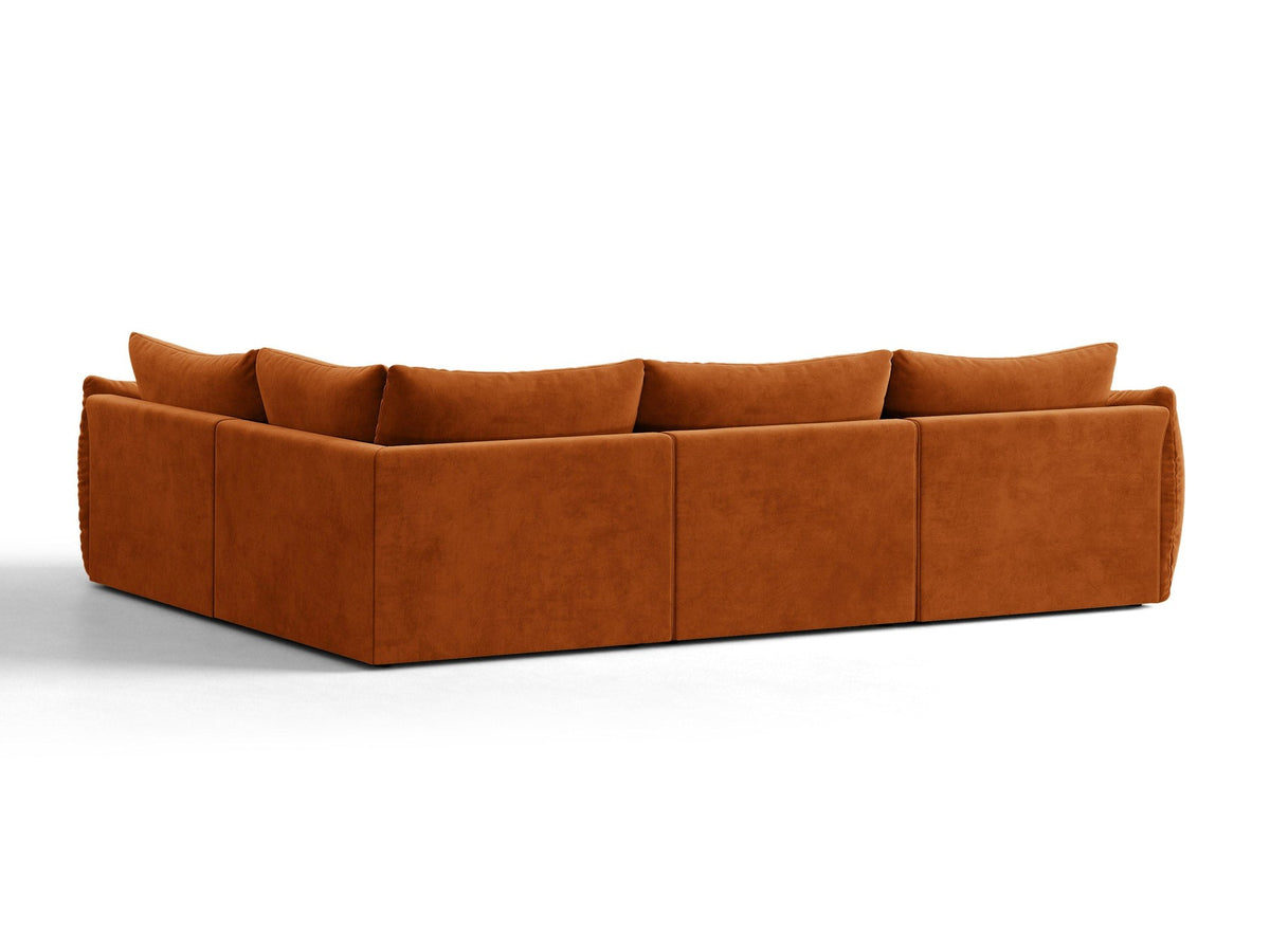 Ecksofa rechts Bloom von Micadoni in leichtem Beige, Veloursstoff Casino Pearl, schwarze Kunststoffbeine, moderne Polstermöbel-Form.