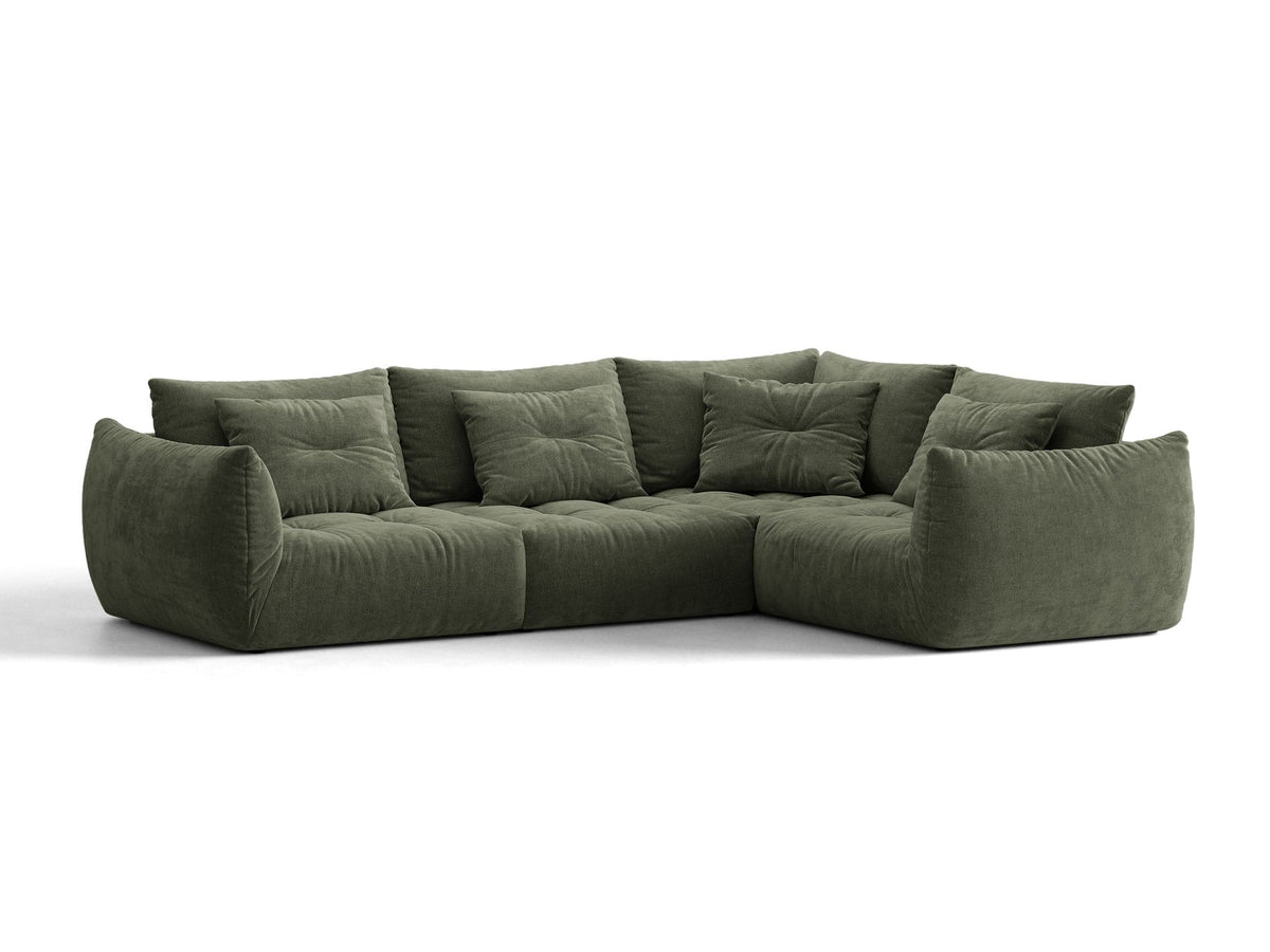 Ecksofa rechts Bloom von Micadoni in leichtem Beige, Veloursstoff Casino Pearl, schwarze Kunststoffbeine, moderne Polstermöbel-Form.