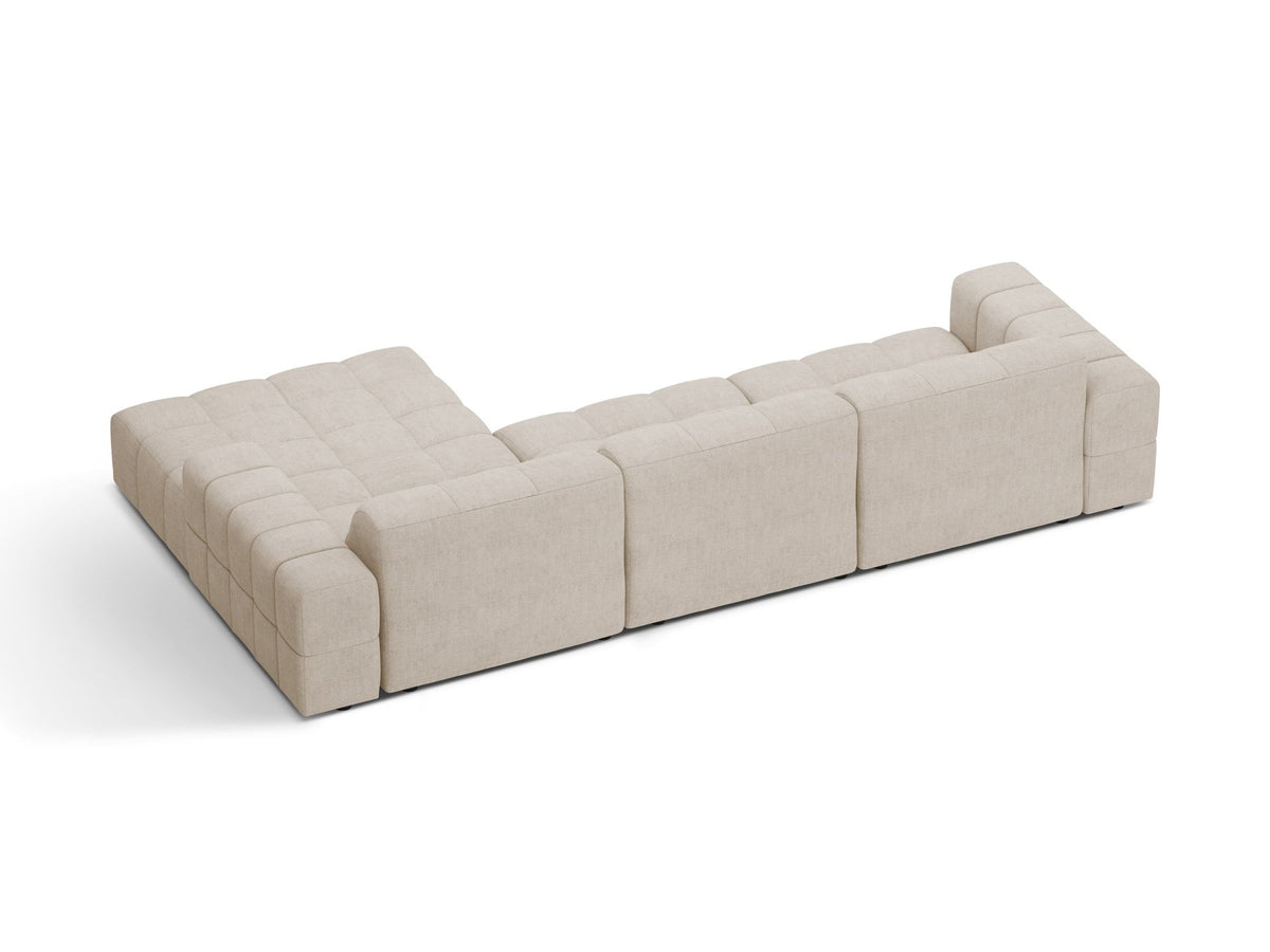 Ecksofa Jennifer von Micadoni in leichtem Beige, L-Form mit rechter Ausrichtung, Bluvel-Stoff und schwarzen Kunststoffbeinen.