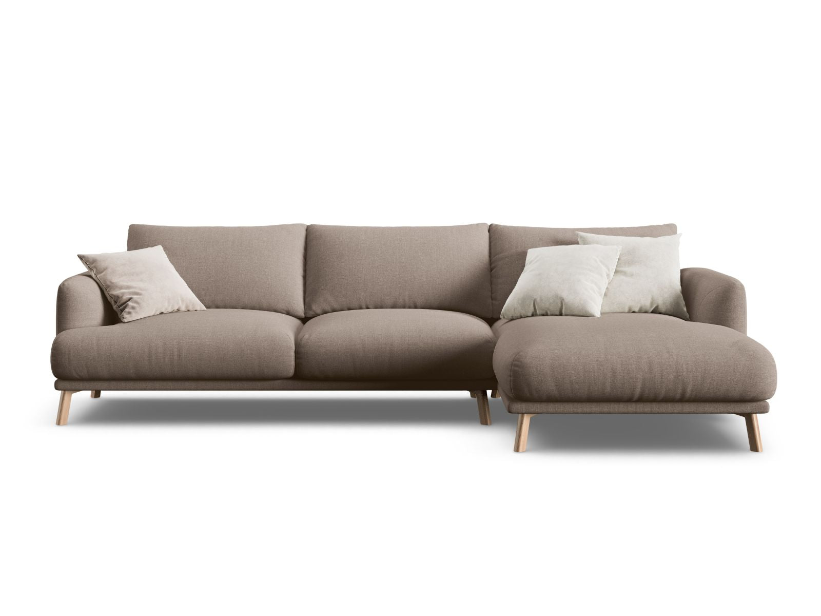 Elegantes 4-Sitzer Ecksofa rechts Naomi in warmem Cappuccino, ideal für stilvolle Wohnzimmer und gemütliche Abende.