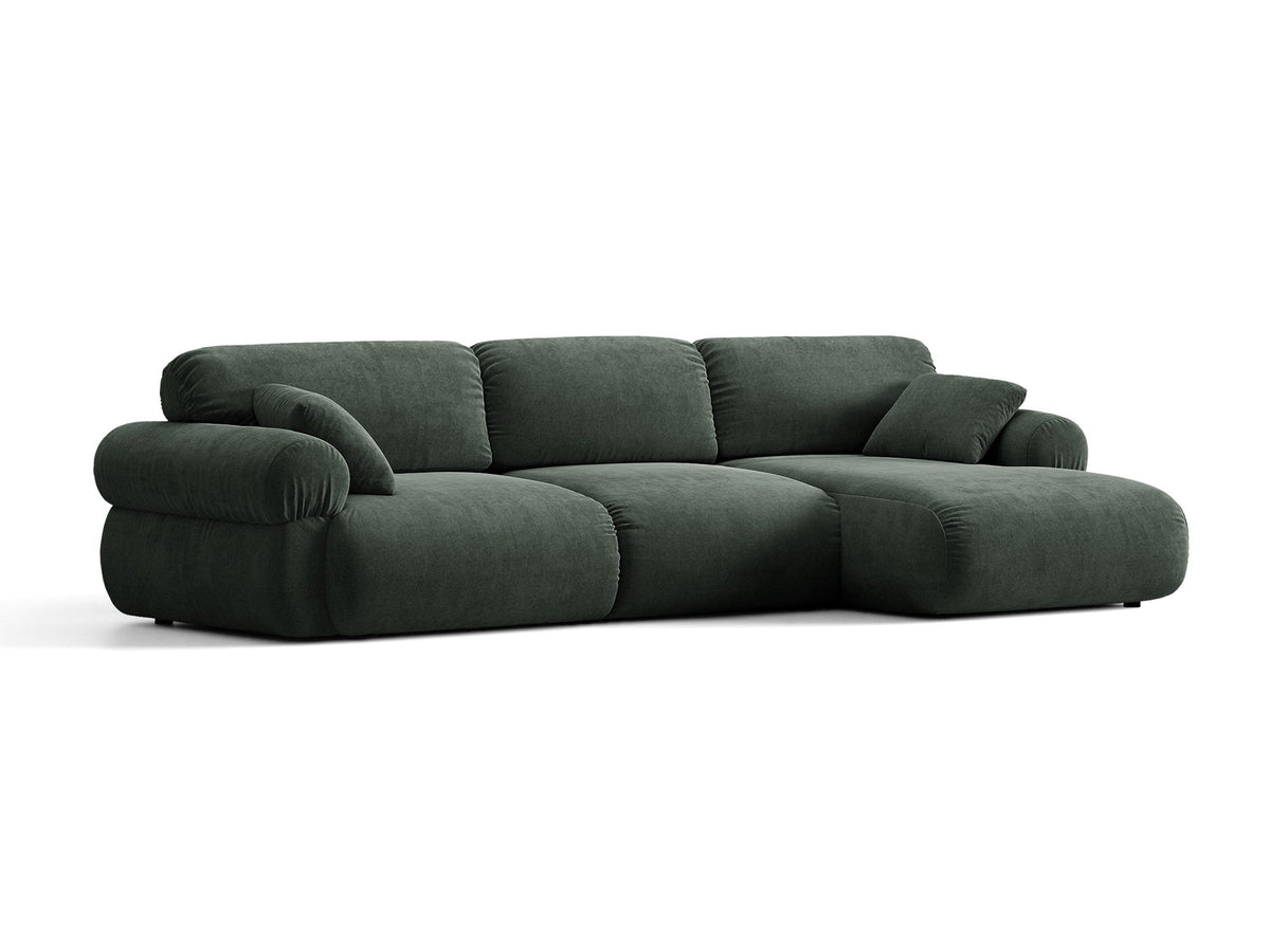 Beiges L-förmiges Ecksofa Ophelia von Micadoni mit Liberty-Stoffbezug, schwarzen Kunststoffbeinen und niedriger Rückenlehne, Ausrichtung rechts.