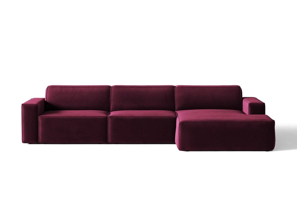 Modulares Ecksofa rechts von Micadoni in leichtem Beige, Samtstoff Venus, mit schwarzen Kunststoffbeinen und niedriger Rückenlehne.