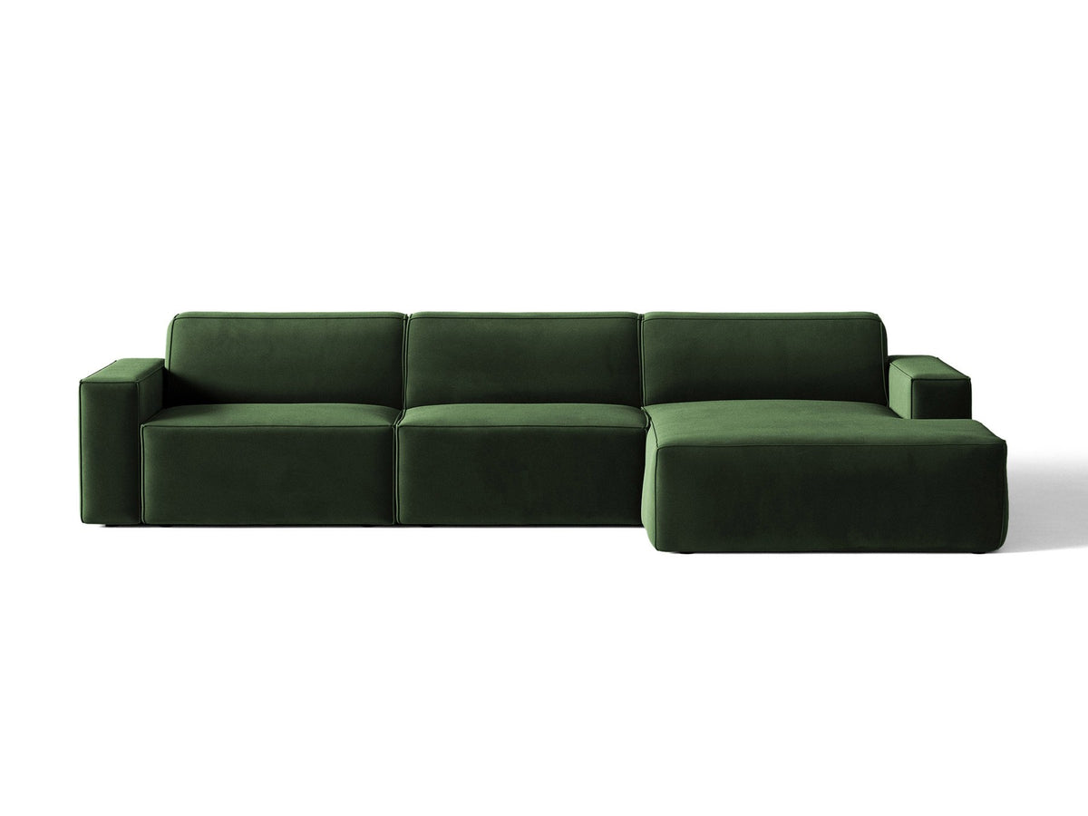 Modulares Ecksofa rechts von Micadoni in leichtem Beige, Samtstoff Venus, mit schwarzen Kunststoffbeinen und niedriger Rückenlehne.