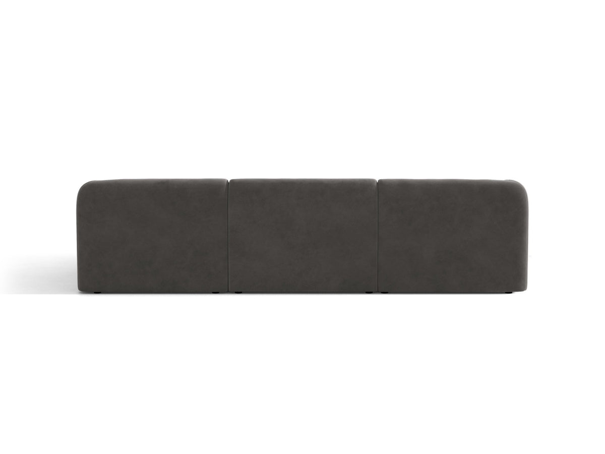 Dunkelbeiges L-Sofa Miley von Micadoni mit Bluvel-Stoffbezug, schwarzen Kunststoffbeinen und modularer Bauweise, rechts ausgerichtet.