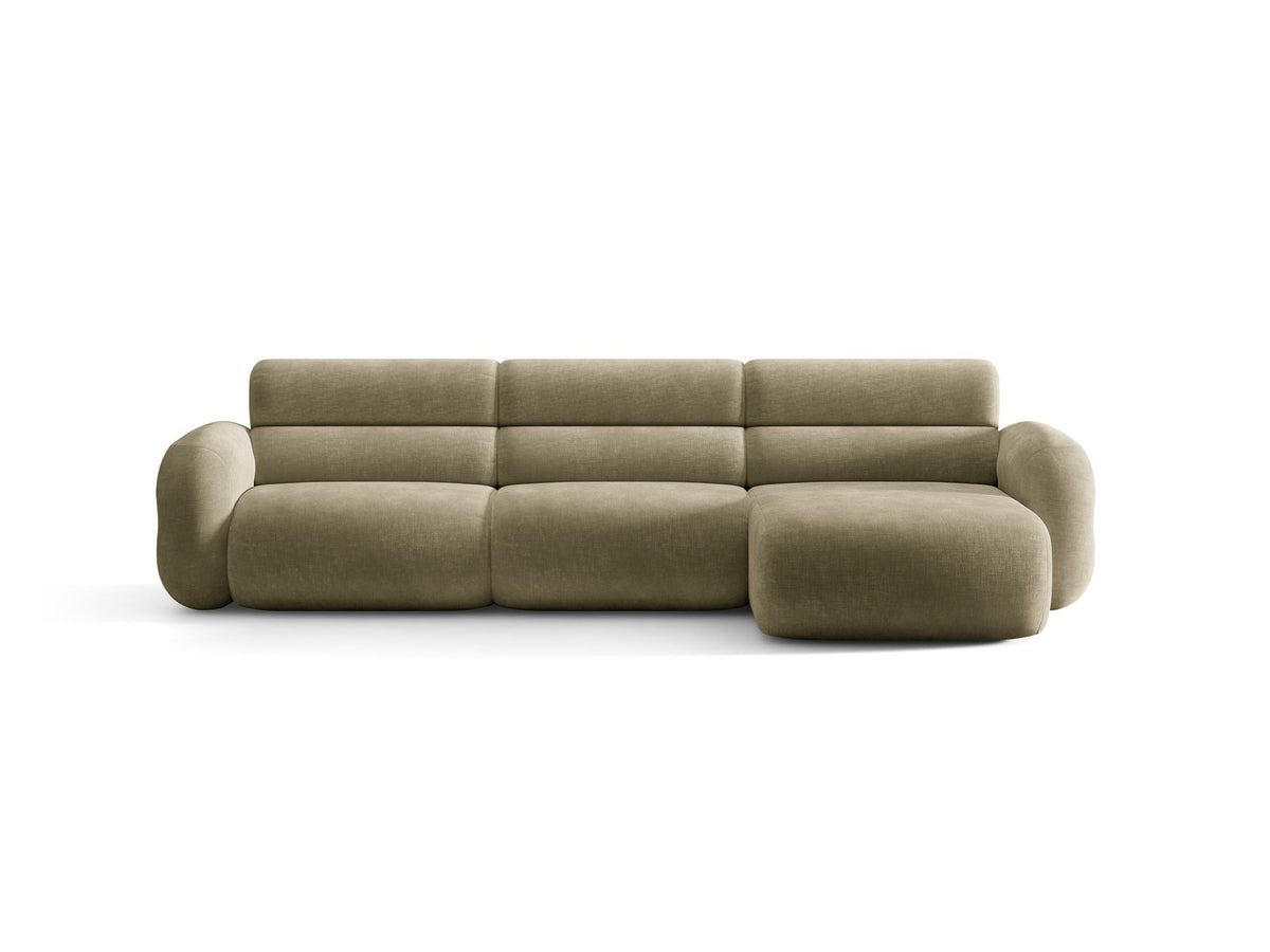 Neo Linkes Ecksofa von Micadoni in dunklem Olivgrün, L-Form mit hoher Rückenlehne, strukturiertem Baloo-Stoff und schwarzen Kunststoffbeinen.
