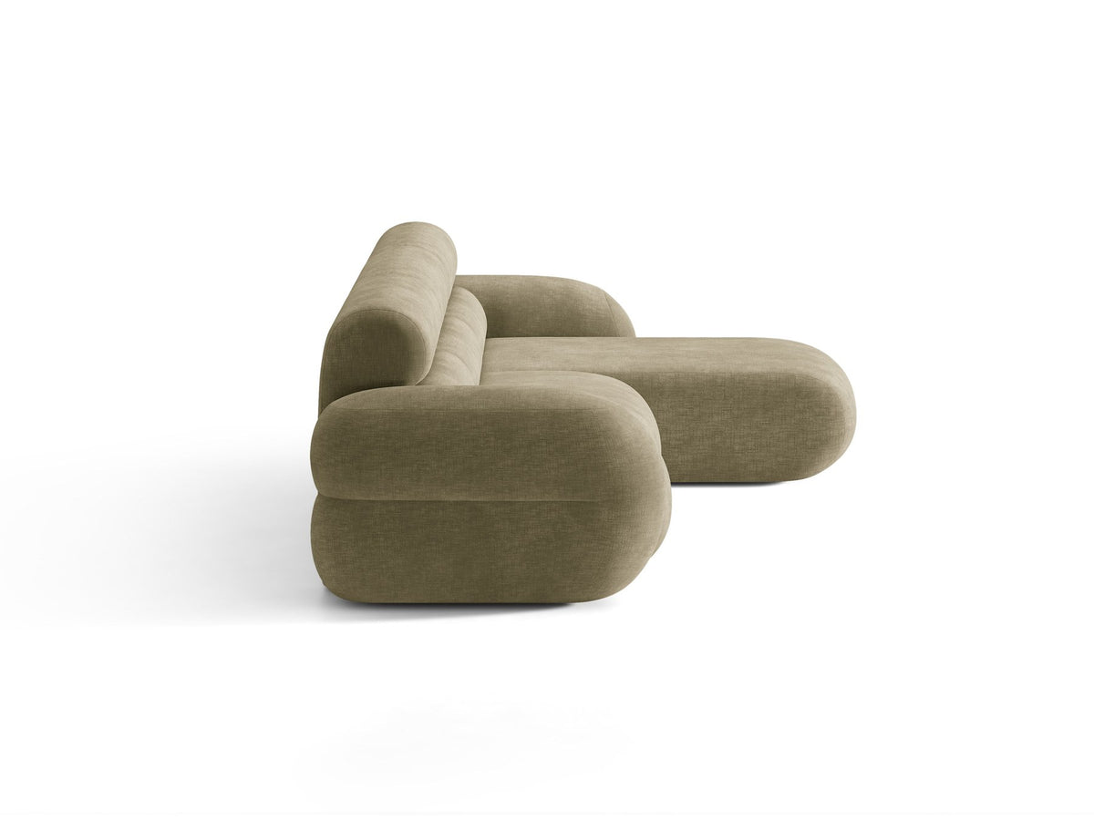 Neo Linkes Ecksofa von Micadoni in dunklem Olivgrün, L-Form mit hoher Rückenlehne, strukturiertem Baloo-Stoff und schwarzen Kunststoffbeinen.