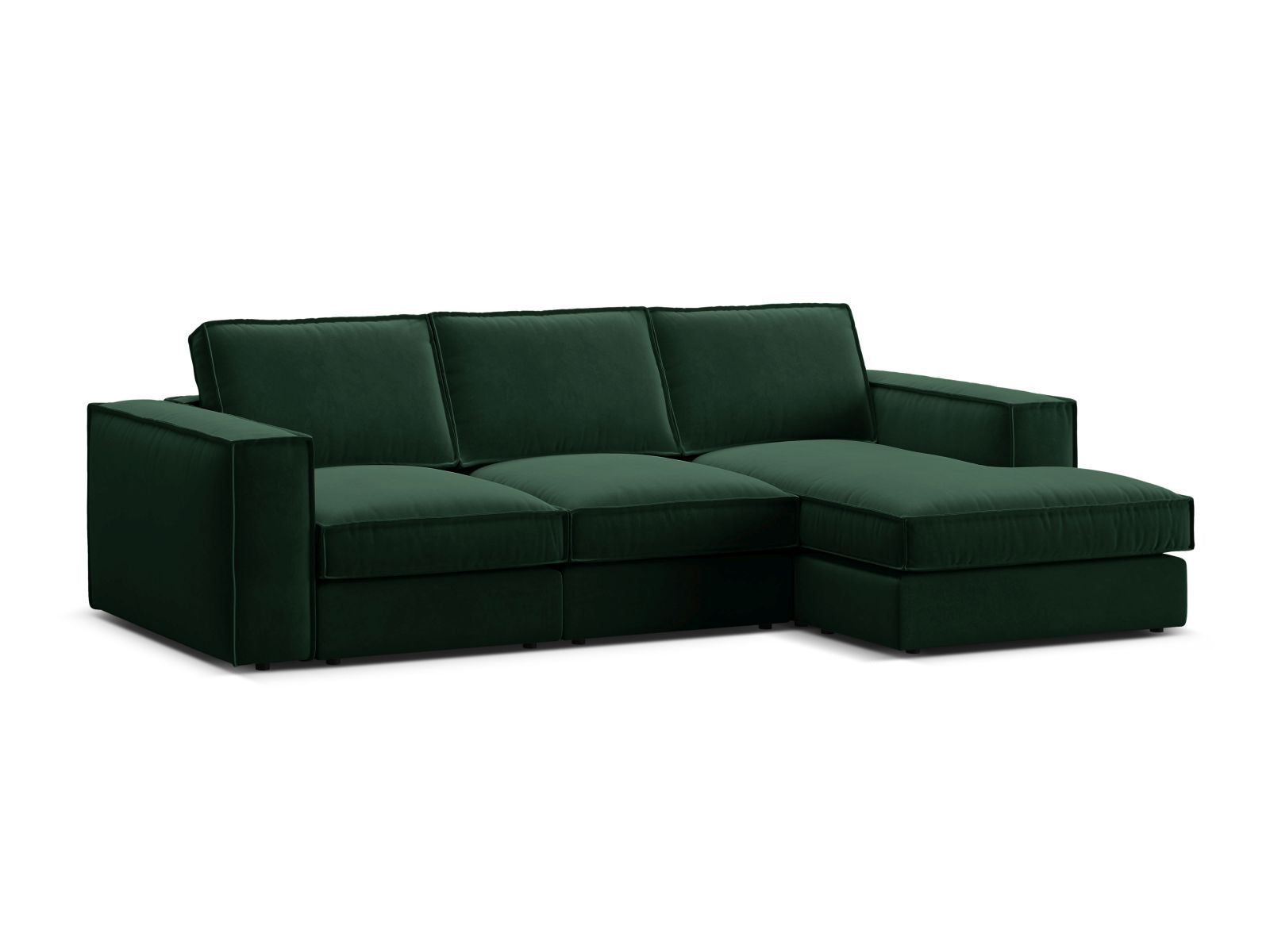 Elegantes 3-Sitzer Ecksofa Pola in stilvollem Flaschengrün, rechtsseitig, ideal für einladende und moderne Wohnräume.