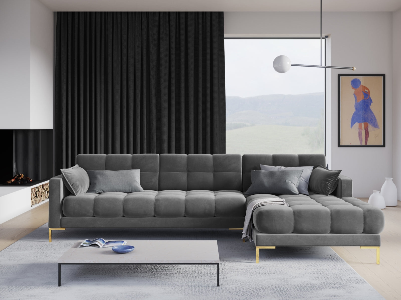 Mamaia Velour Ecksofa rechts 5 Sitzer in Light Grey/Gold präsentiert im Onlineshop von KAQTU Design AG. Ecksofa rechts ist von Micadoni