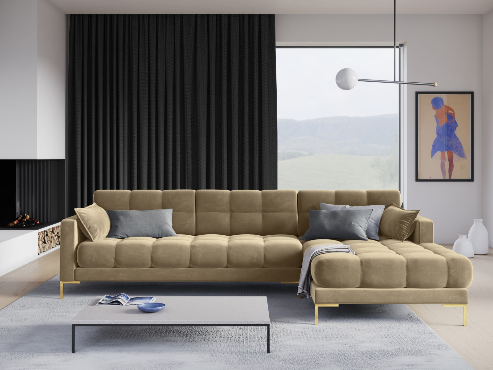 Mamaia Velour Ecksofa rechts 5 Sitzer in Beige/Gold präsentiert im Onlineshop von KAQTU Design AG. Ecksofa rechts ist von Micadoni