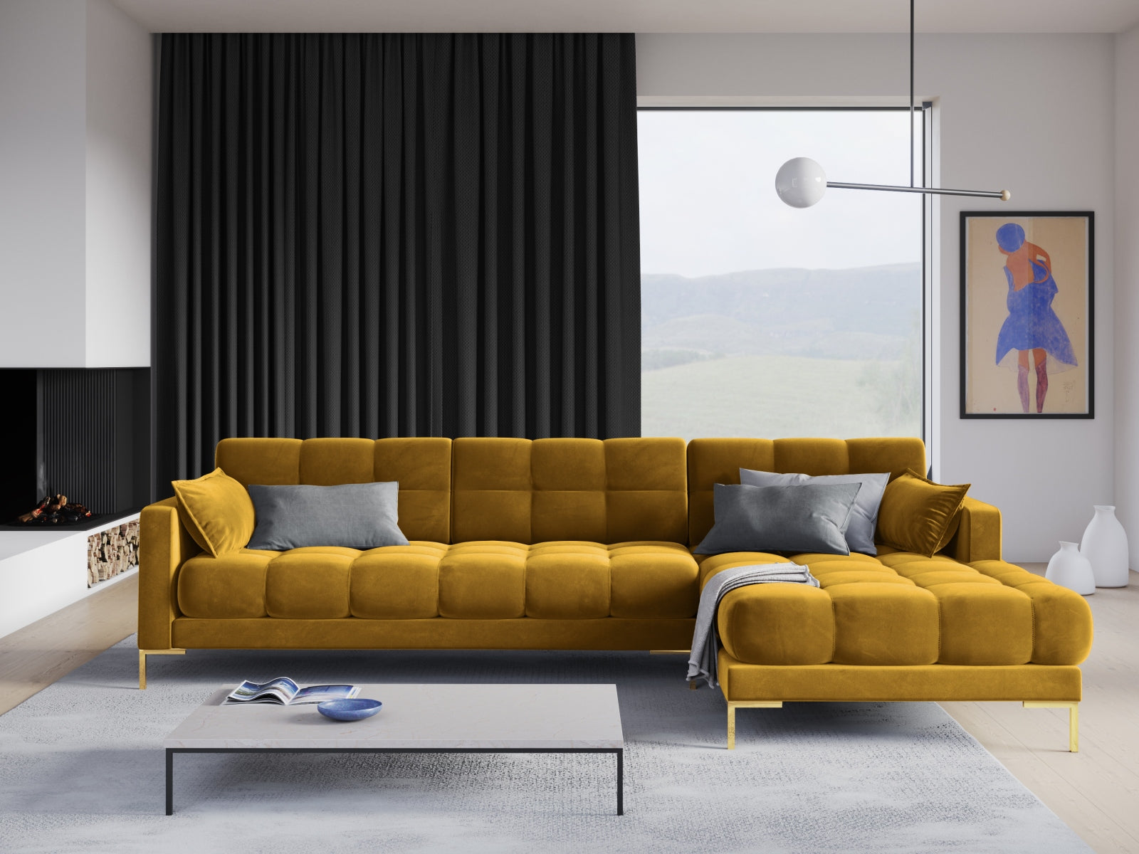 Mamaia Velour Ecksofa rechts 5 Sitzer in Yellow/Gold präsentiert im Onlineshop von KAQTU Design AG. Ecksofa rechts ist von Micadoni
