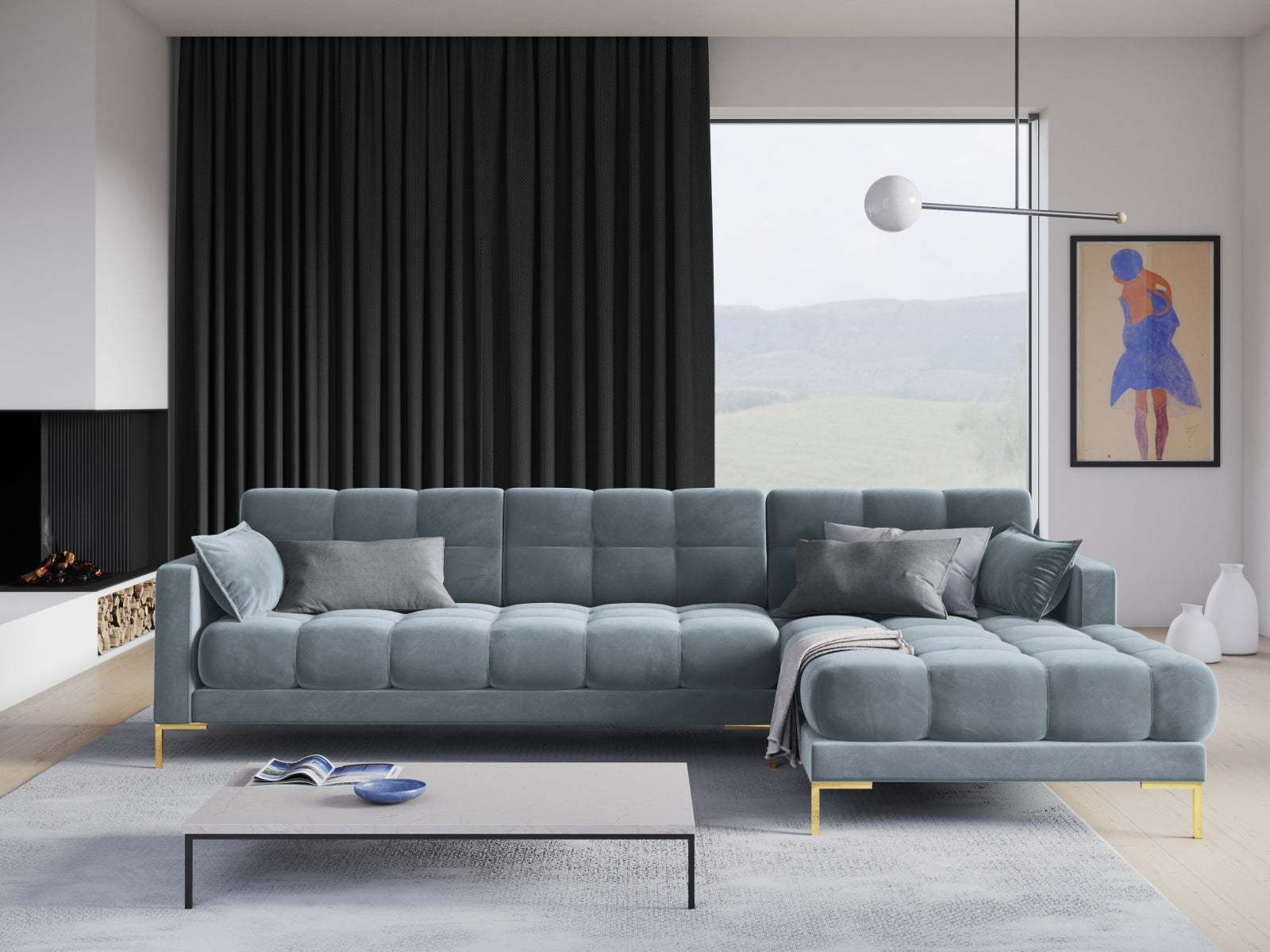 Mamaia Velour Ecksofa rechts 5 Sitzer in Light Blue/Gold präsentiert im Onlineshop von KAQTU Design AG. Ecksofa rechts ist von Micadoni