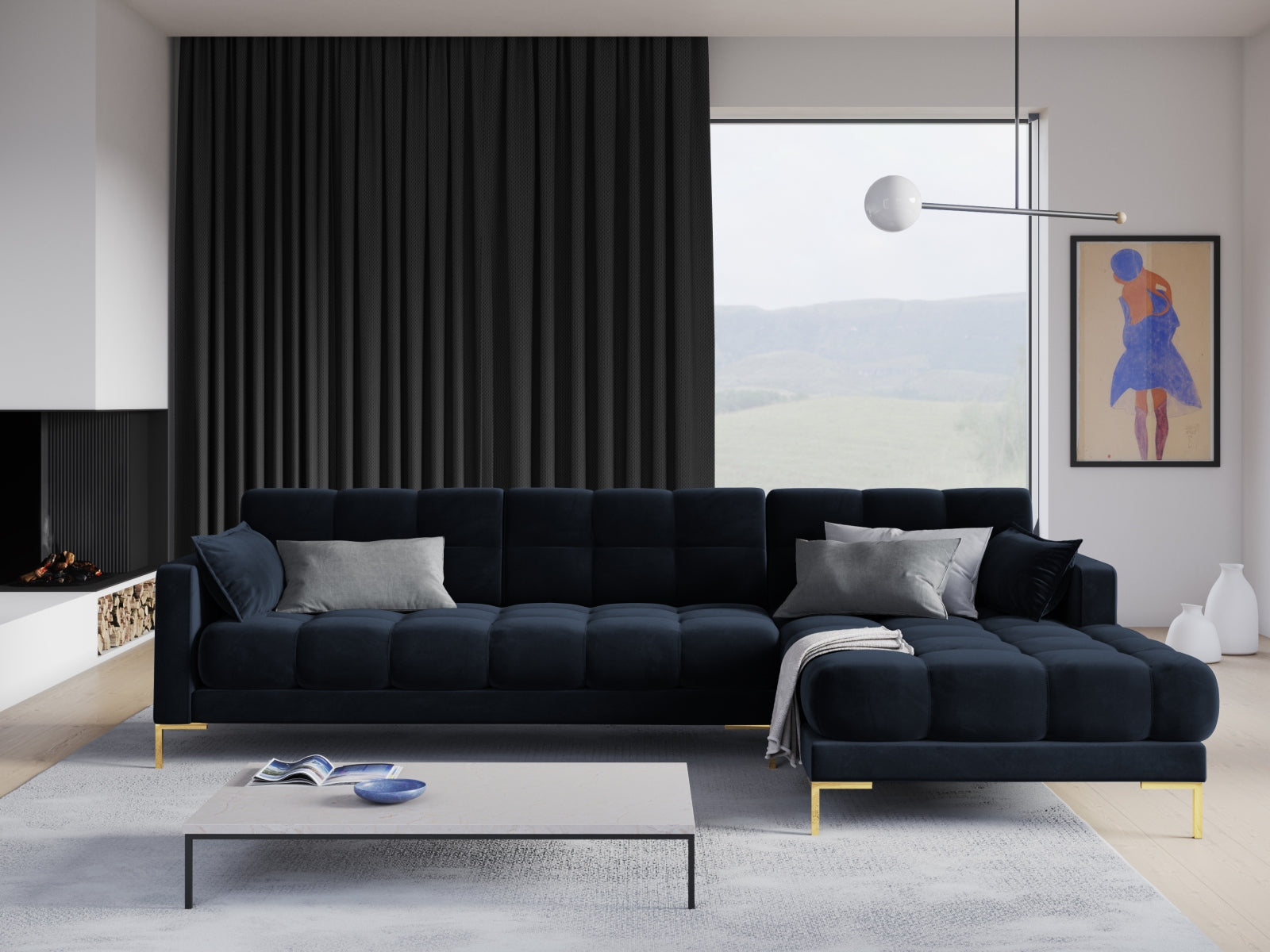 Mamaia Velour Ecksofa rechts 5 Sitzer in Dark Blue/Gold präsentiert im Onlineshop von KAQTU Design AG. Ecksofa rechts ist von Micadoni