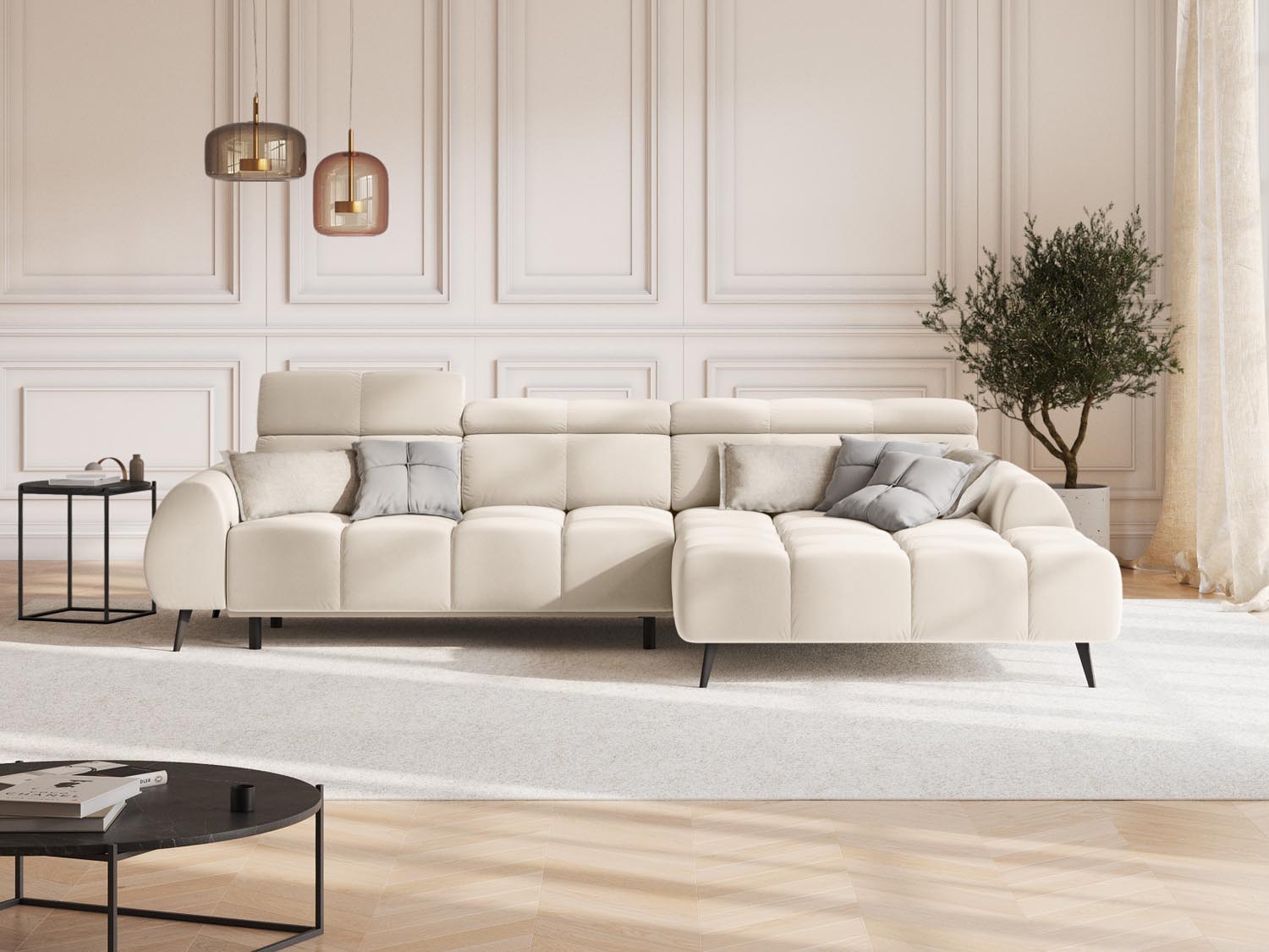 Erleben Sie das Alyse Velour Electric Ecksofa rechts von Micadoni – ein 5-Sitzer, der modernes Design und ultimativen Komfort vereint.