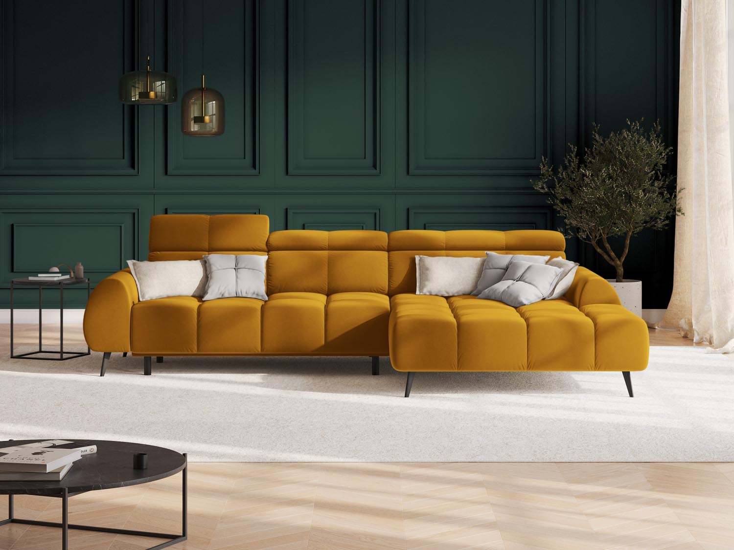 Erleben Sie das Alyse Velour Electric Ecksofa rechts von Micadoni – ein elegantes 5-Sitzer Sofa, das modernen Stil und höchsten Komfort vereint.