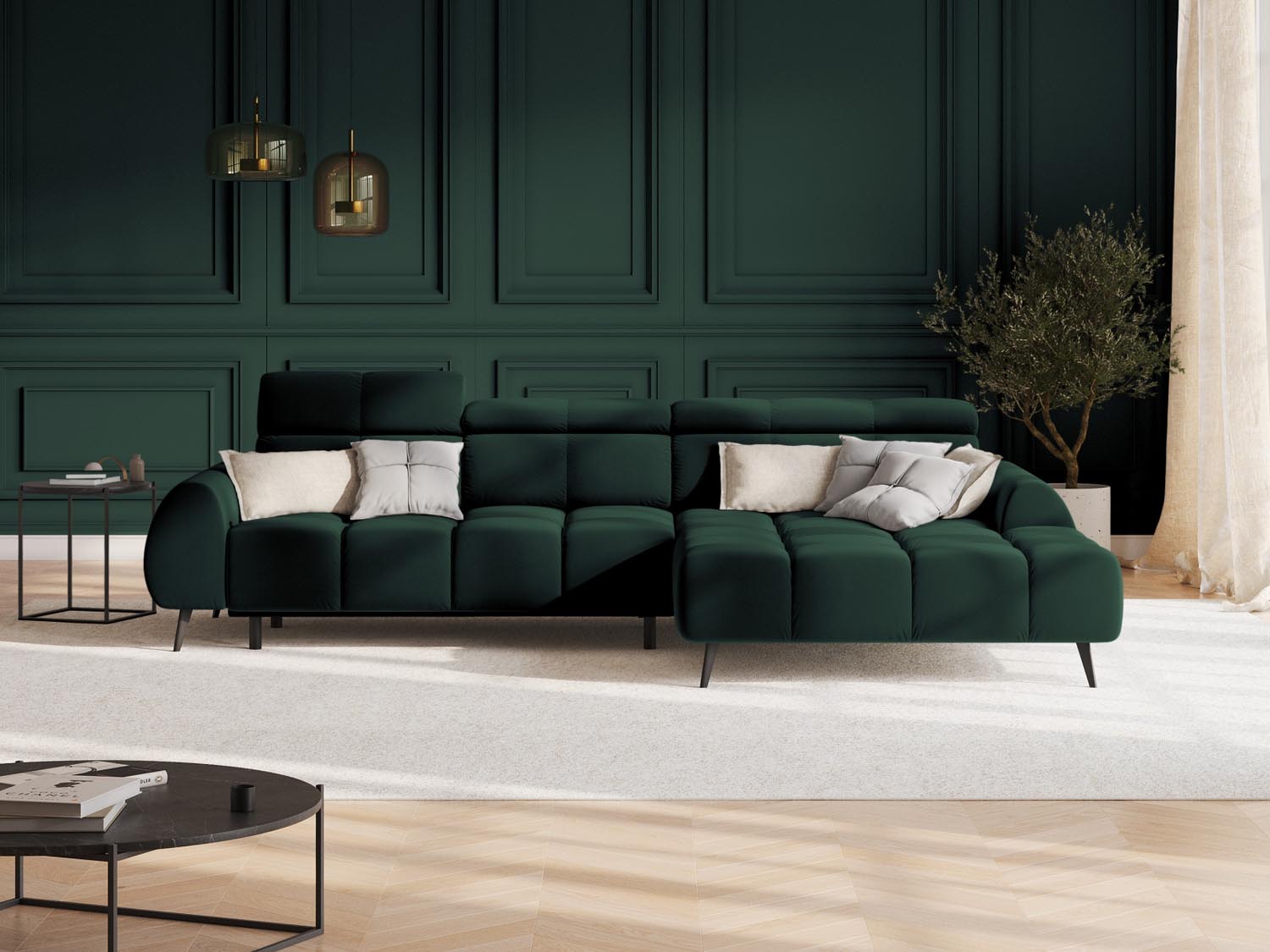 Erleben Sie das Alyse Velour Electric Ecksofa rechts von Micadoni – ein elegantes 5-Sitzer Sofa, das modernen Stil und höchsten Komfort vereint.