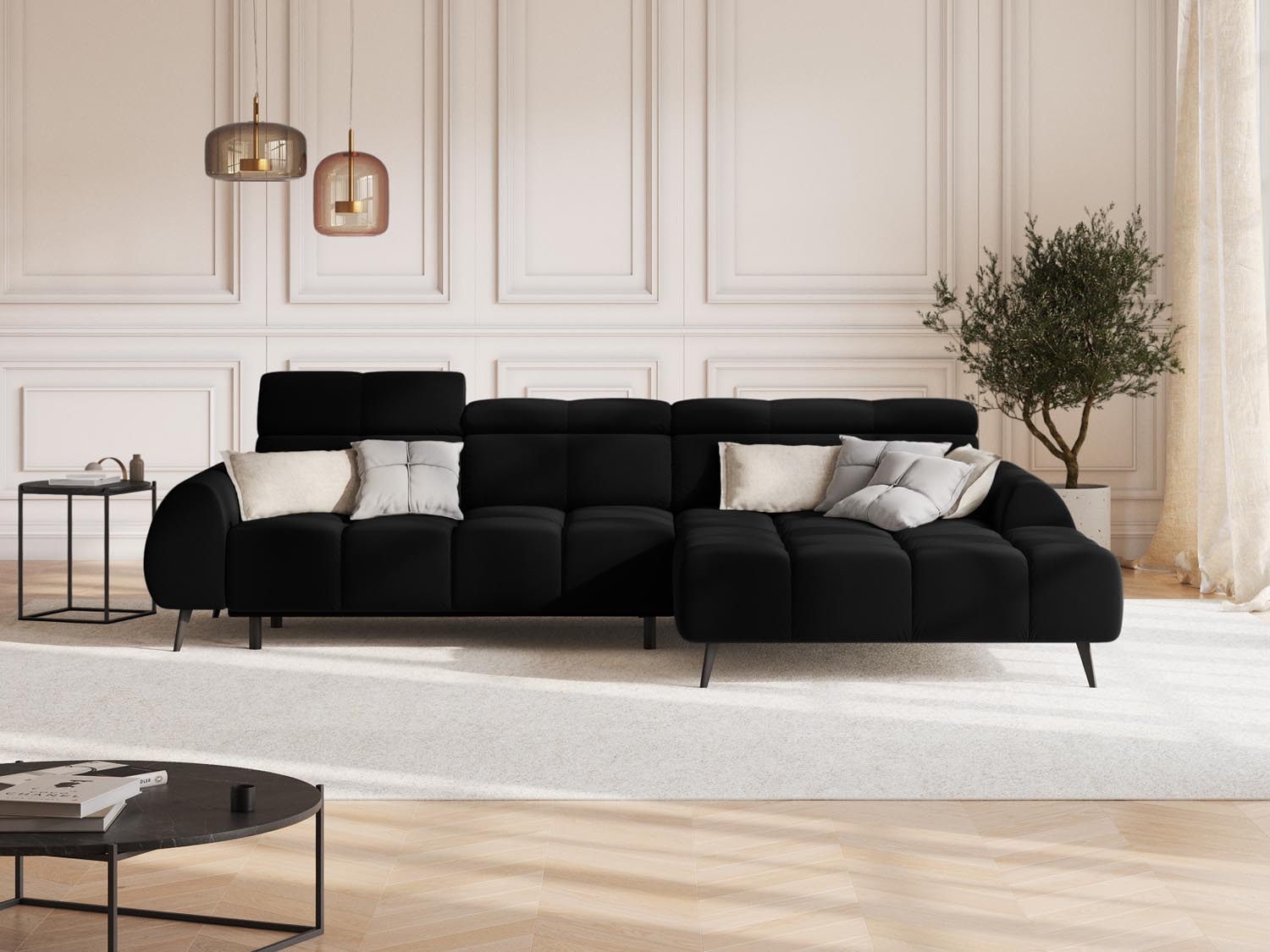 Erleben Sie das Alyse Velour Electric Ecksofa rechts von Micadoni – ein elegantes 5-Sitzer Sofa, das modernen Stil und höchsten Komfort vereint.