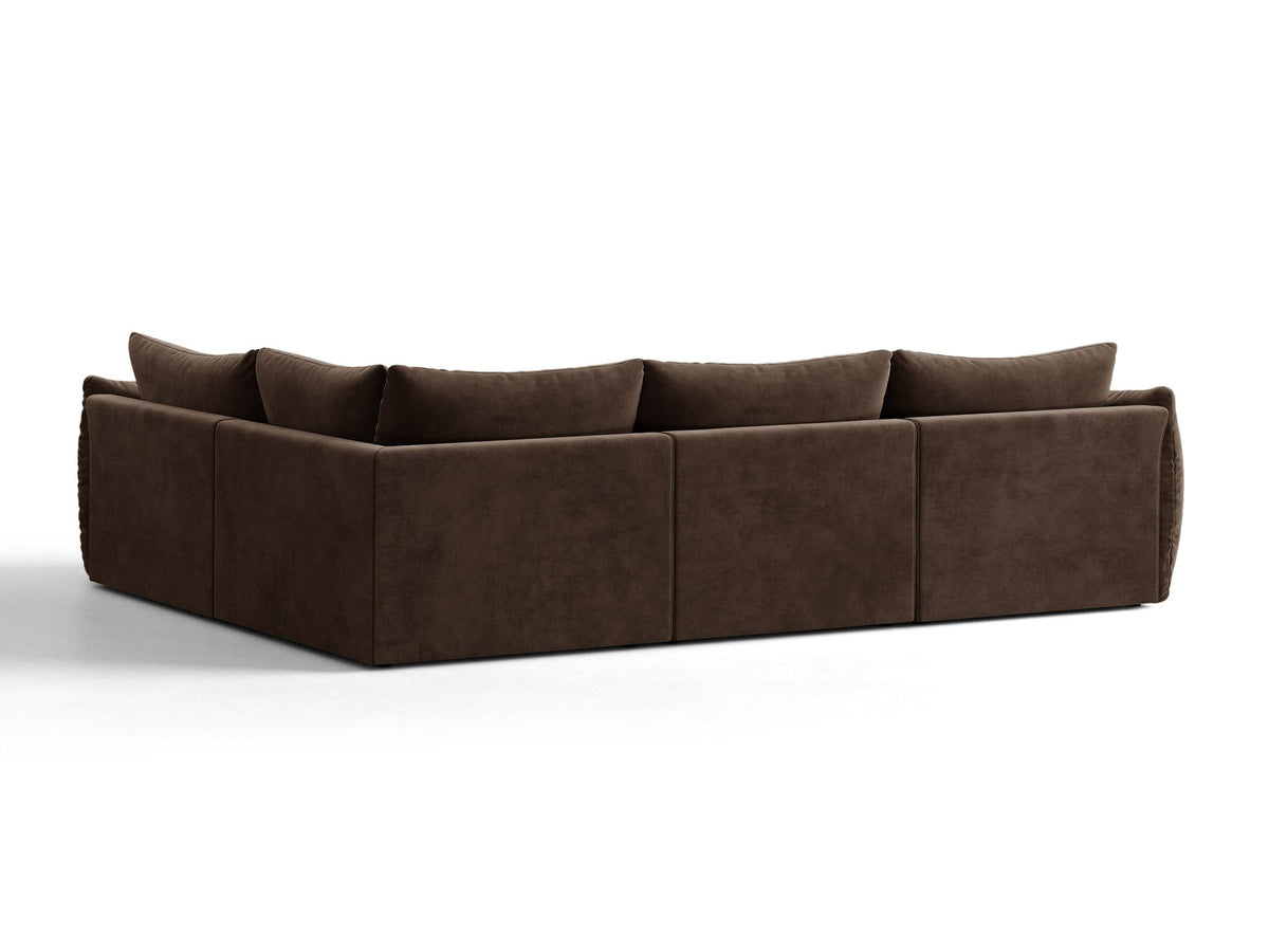 Ecksofa rechts Bloom von Micadoni in leichtem Beige, Veloursstoff Casino Pearl, schwarze Kunststoffbeine, moderne Polstermöbel-Form.
