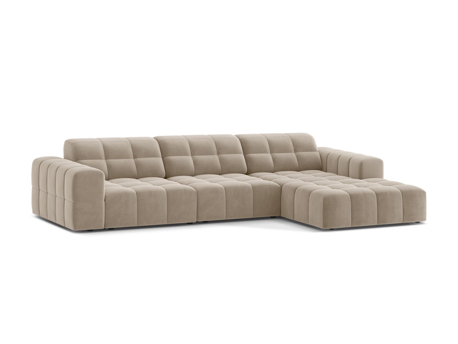 Elegantes 4-Sitzer Ecksofa rechts Jennifer in stilvollem Dark Beige-Bluvel, ideal für moderne Wohnräume und gemütliche Abende.
