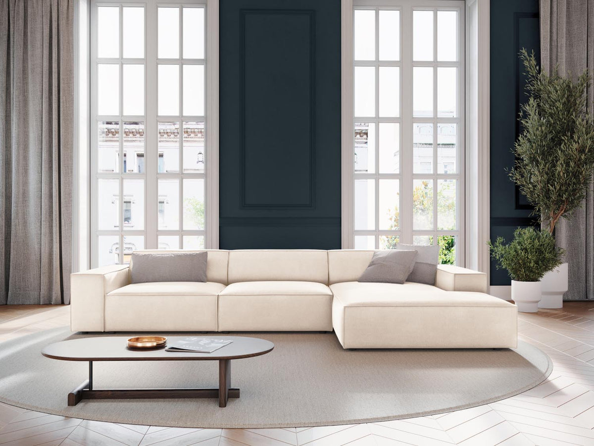 Jodie Velour modulares Ecksofa rechts 4 Sitzer in Light Beige-Bluvel präsentiert im Onlineshop von KAQTU Design AG. L-Sofa rechts ist von Micadoni