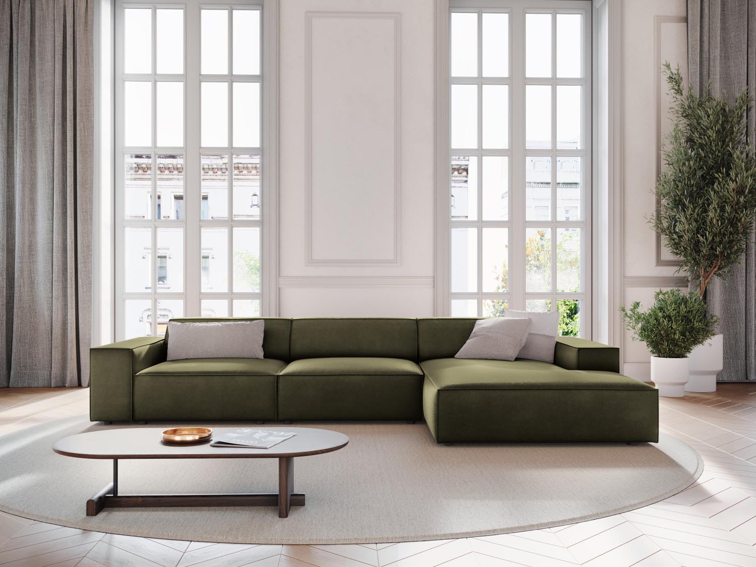Elegantes Jodie Velour Ecksofa in stilvollem Green-Bluvel, ideal für moderne Wohnräume. Modular und bequem, perfekt für entspannte Abende.