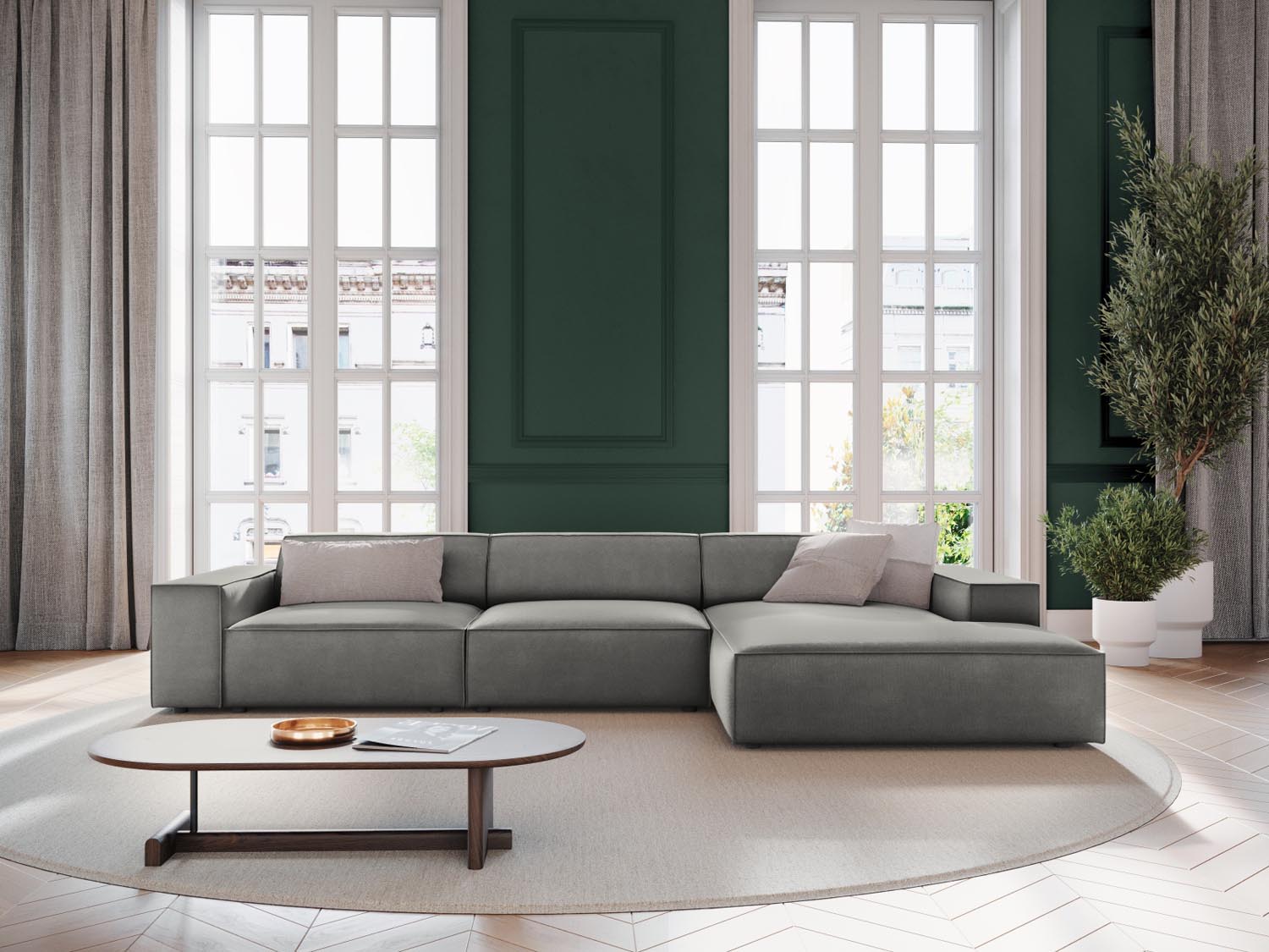 Elegantes Jodie Velour Ecksofa in Hellgrau, ideal für moderne Wohnräume. Modulares Design, bequem und stilvoll, perfekt für entspannte Abende.