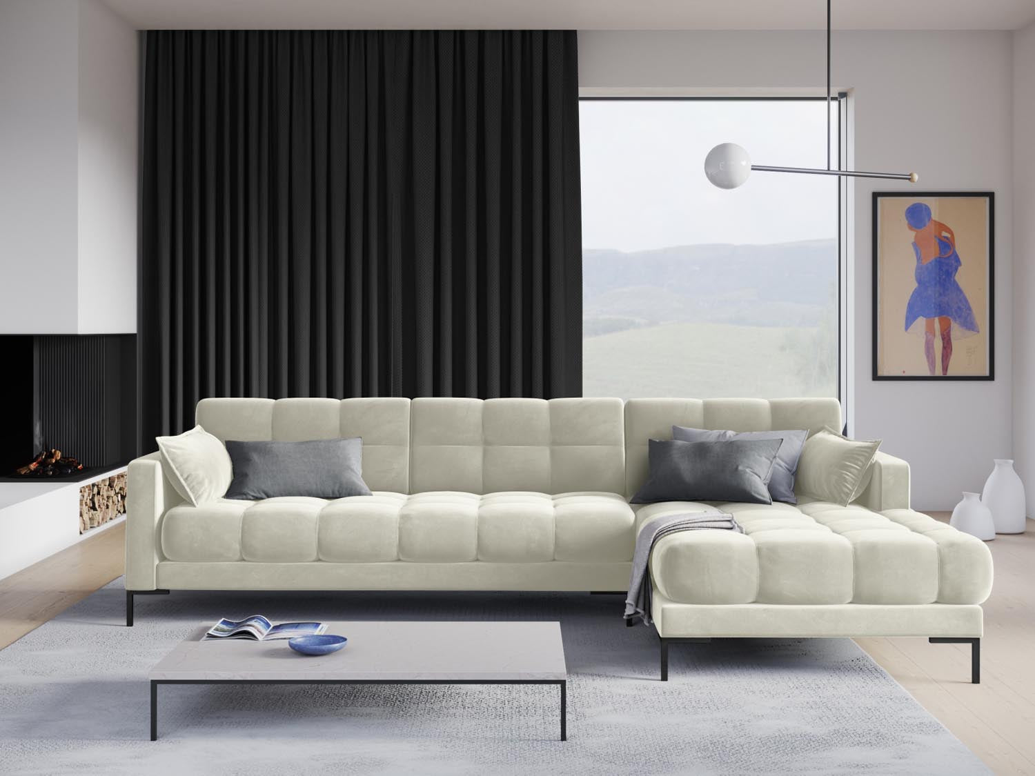 Elegantes Mamaia Velour Ecksofa in Light Beige und Schwarz-Bluvel, ideal für stilvolle Wohnräume. 5-Sitzer mit modernem Design von Micadoni.