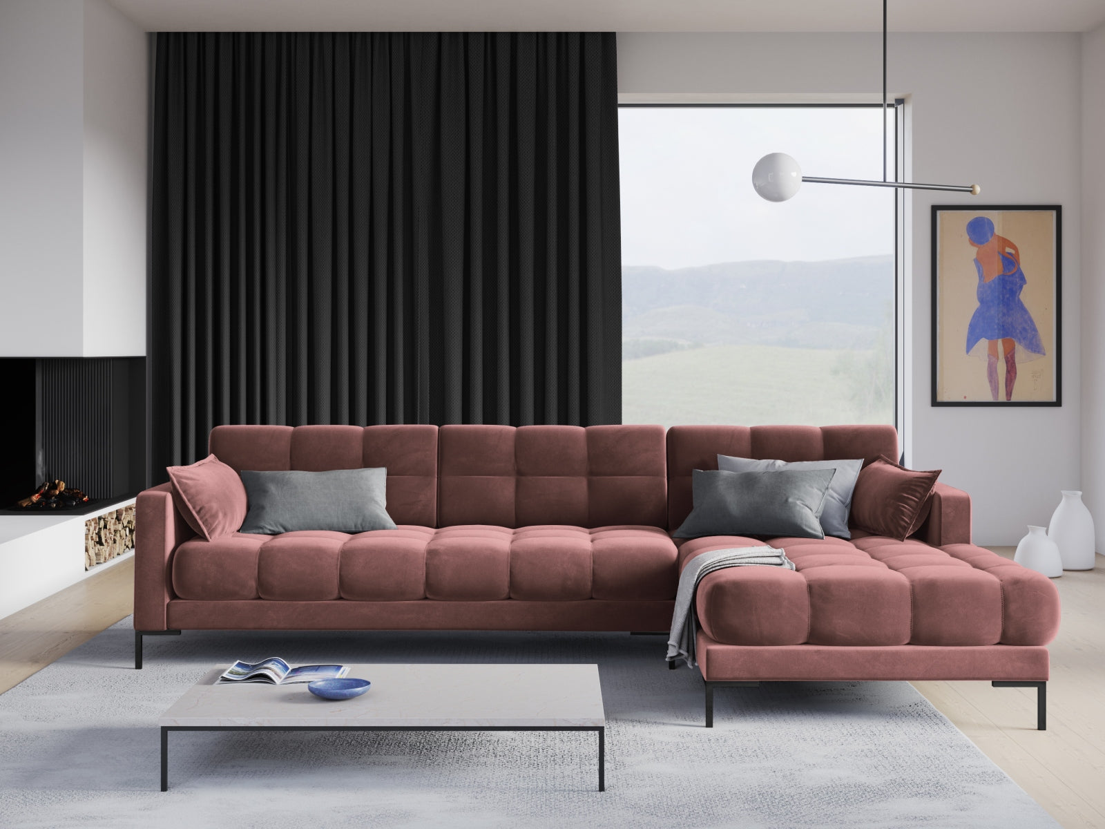 Mamaia Velour Ecksofa rechts 5 Sitzer in Pink/Schwarz präsentiert im Onlineshop von KAQTU Design AG. Ecksofa rechts ist von Micadoni