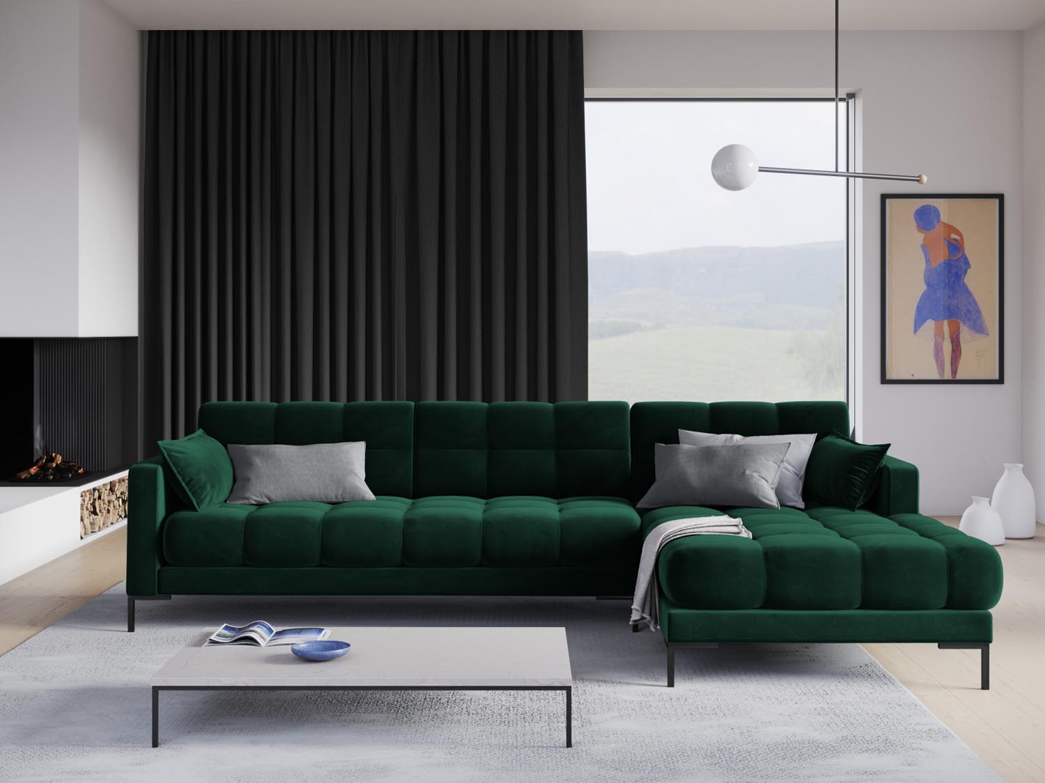 Elegantes Mamaia Velour Ecksofa in Flaschengrün mit schwarzem Bluvel, ideal für stilvolle Wohnräume. 5-Sitzer für maximalen Komfort.