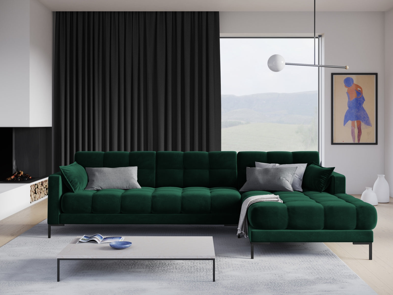 Mamaia Velour Ecksofa rechts 5 Sitzer in Bottle Green/Schwarz präsentiert im Onlineshop von KAQTU Design AG. Ecksofa rechts ist von Micadoni