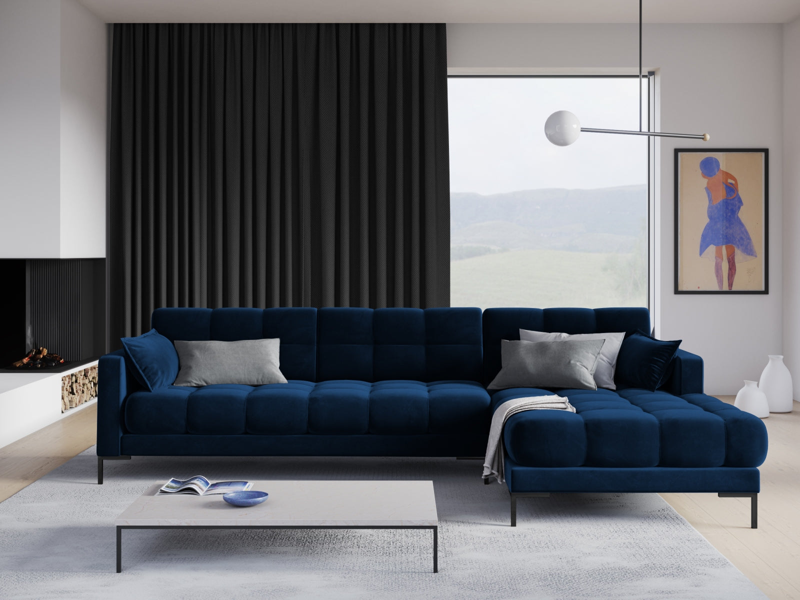 Mamaia Velour Ecksofa rechts 5 Sitzer in Royal Blue/Schwarz präsentiert im Onlineshop von KAQTU Design AG. Ecksofa rechts ist von Micadoni