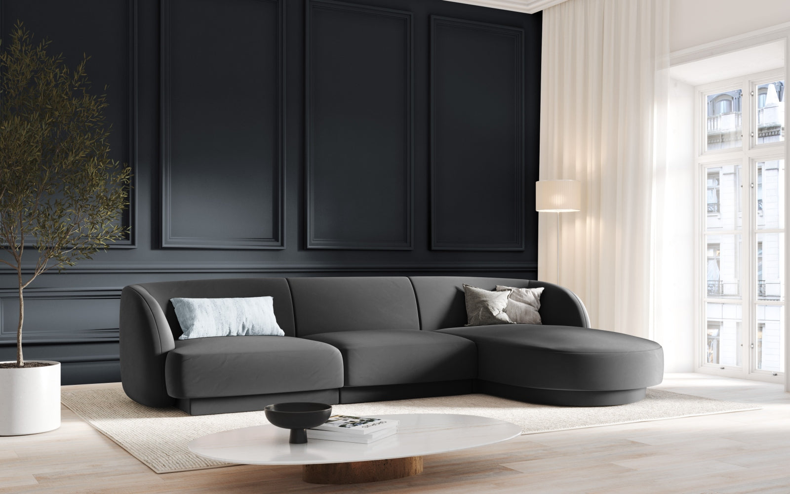 Elegantes Miley Velour Ecksofa in Grau-Blau, 4-Sitzer, ideal für stilvolle Wohnräume, präsentiert von Micadoni.