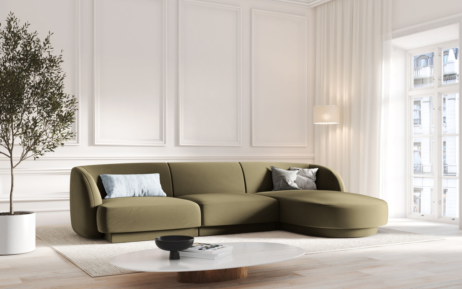 Elegantes Miley Velour Ecksofa in Grün-Blau, 4-Sitzer, stilvoll und komfortabel, ideal für moderne Wohnräume.