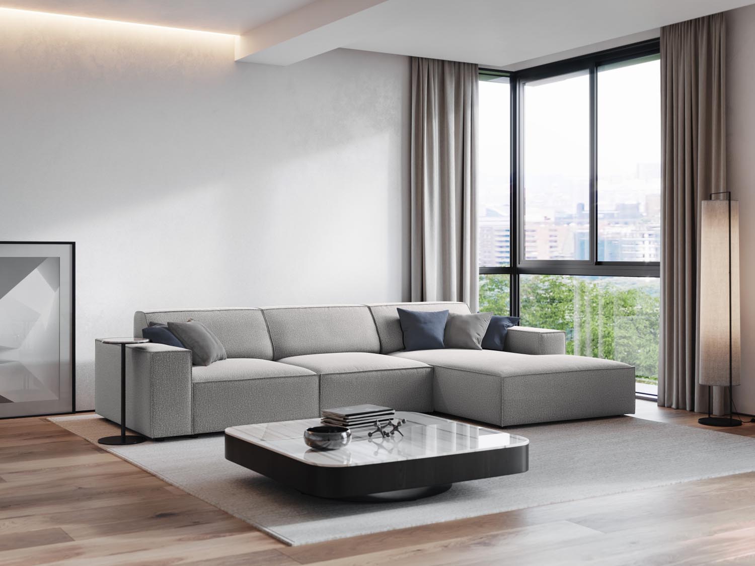 Elegantes, modulares Ecksofa Jodie in hellem Grau, ideal für stilvolle Wohnräume, präsentiert von Micadoni.
