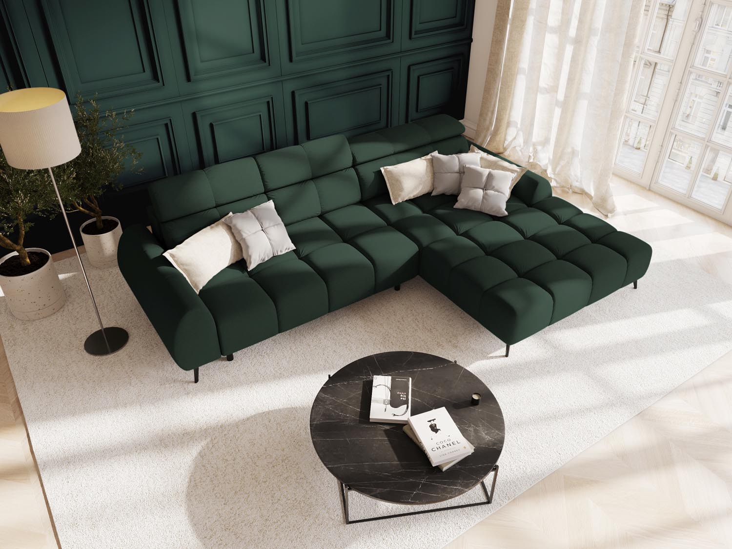 Erleben Sie das Alyse Electric Ecksofa rechts von Micadoni – ein stilvolles 5-Sitzer Sofa aus luxuriösem Velours, das Komfort und Eleganz perfekt kombiniert.