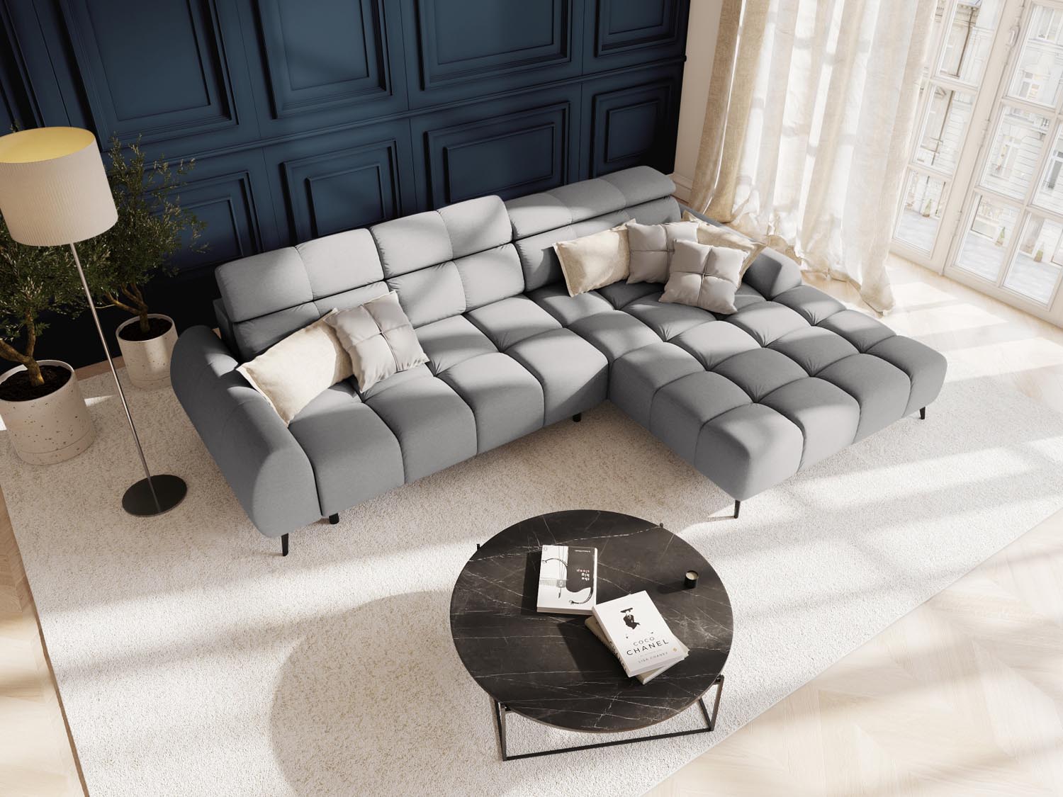 Entdecken Sie das Alyse Electric Ecksofa rechts von Micadoni – ein elegantes 5-Sitzer Sofa aus hochwertigem Velours, das modernen Komfort bietet.