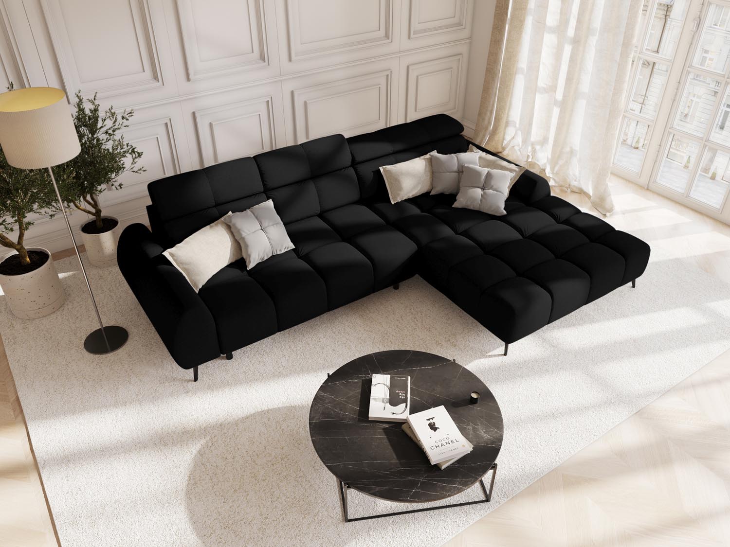 Entdecken Sie das Alyse Electric Ecksofa rechts von Micadoni – ein elegantes 5-Sitzer Sofa aus hochwertigem Velours, das Komfort und Stil perfekt kombiniert.