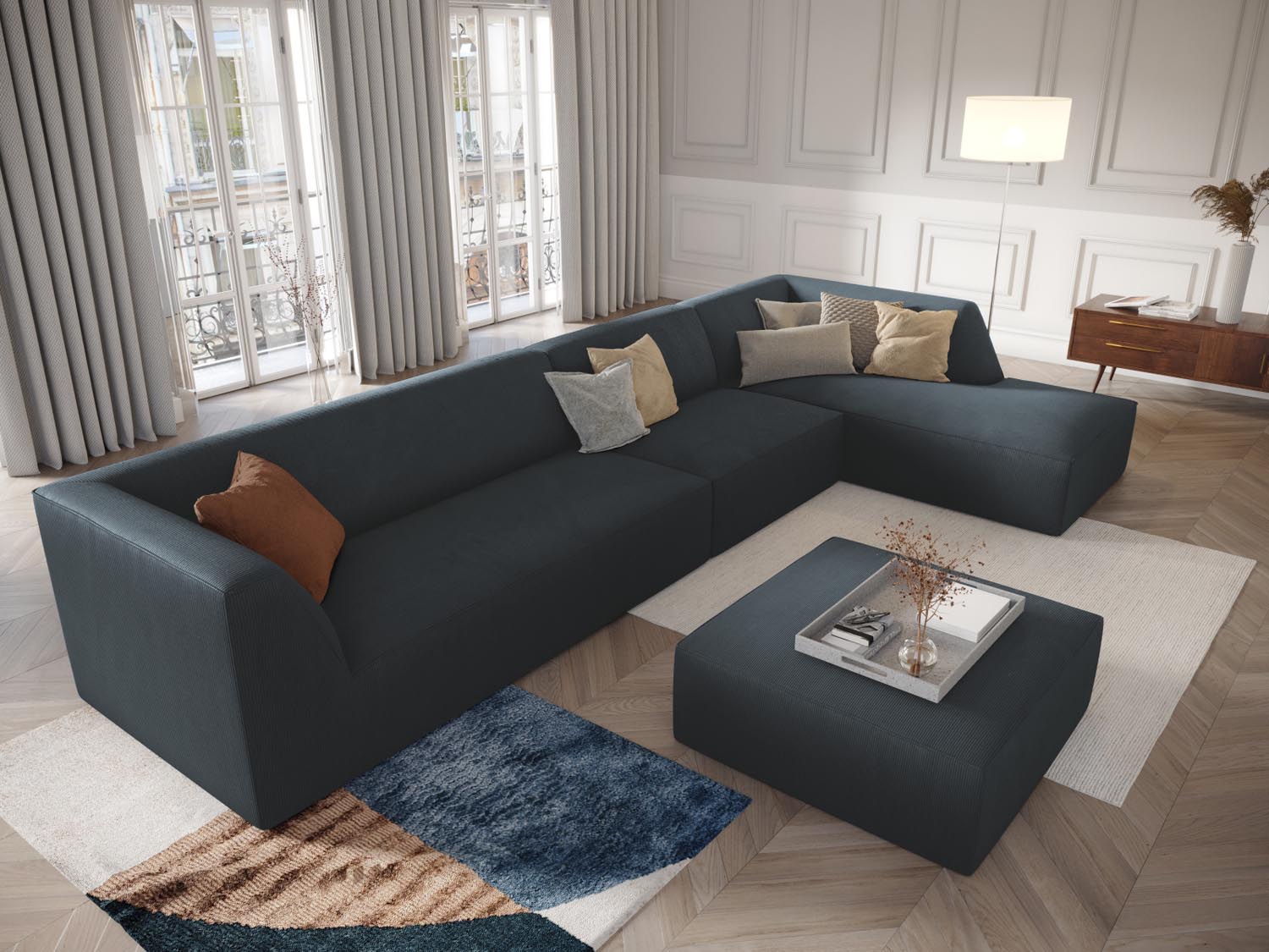 Elegantes Ruby Ecksofa in stilvollem Design, 5-Sitzer, modulare Form, ideal für moderne Wohnräume, präsentiert von Micadoni.